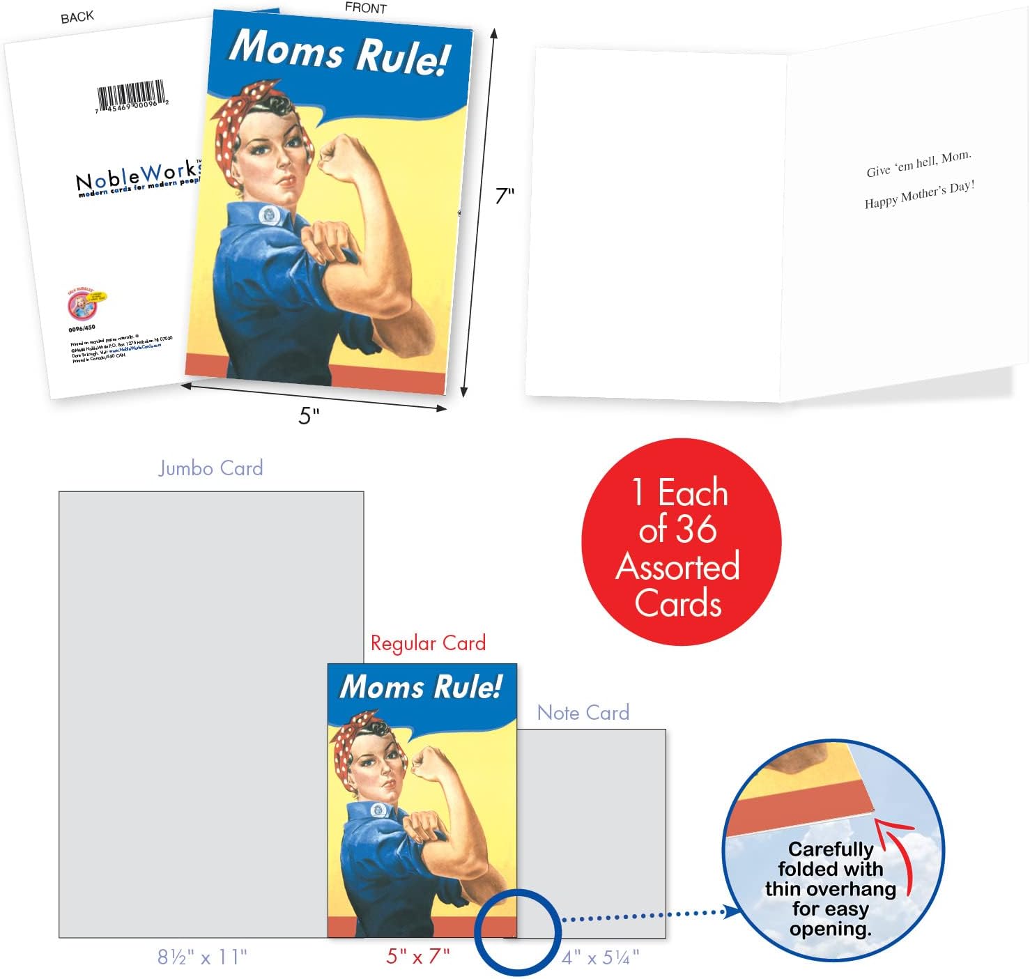 NobleWorks - 36 Assorted Funny Mother's Day Greeting Cards Bulk Box Set w/ 5 x 7 Inch Envelopes, Humor for Moms, Daughter, Sister, Girlfriend (36 Designs, 1 Each) Mother Lode AC9379MDG-B1x36