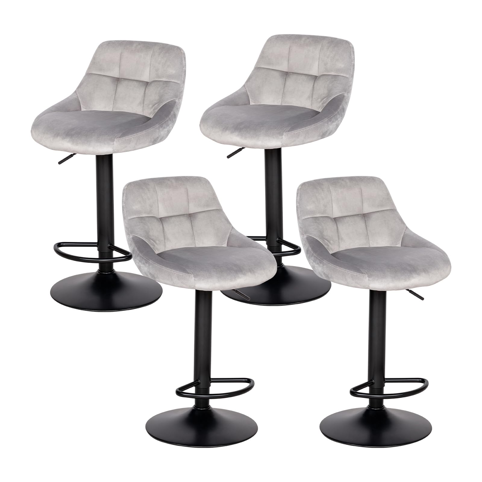 buybyroom Set of 4 Bar Stools, Height Adjustable Kitchen Stools with Backrest and Footrest, 360° Swivel, High Chairs for Island Kitchen Bar Dining Room, Soft and Comfortable Velvet, Grey