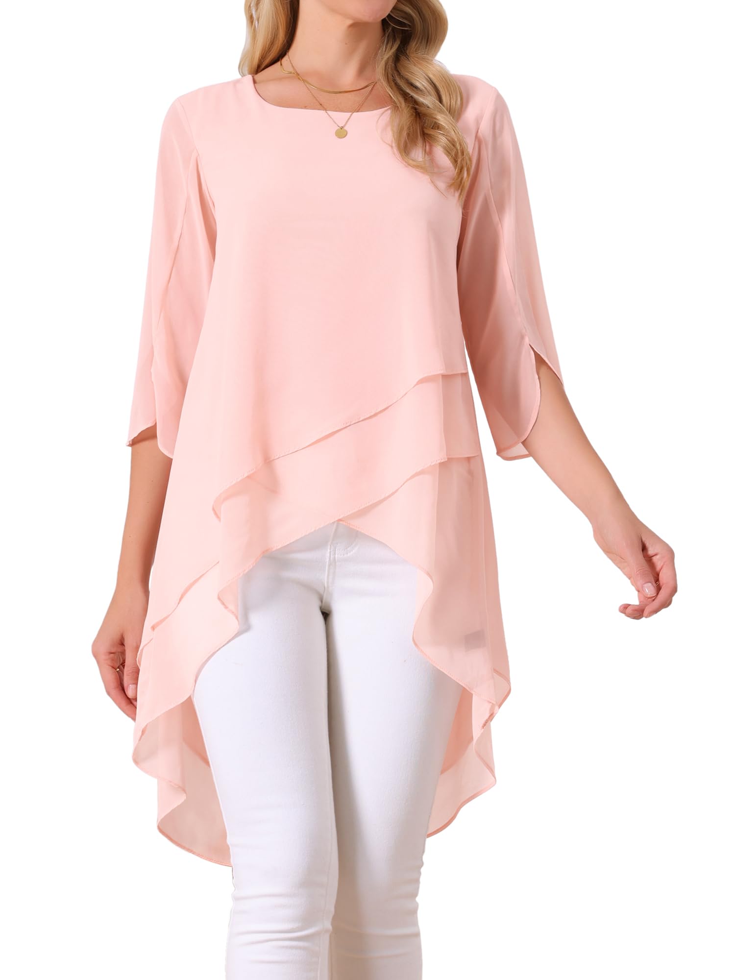 Seta T Women's High Low Tops Scoop Neck Chiffon Blouse Asymmetrical Loose Shirt 3/4 Sleeve Casual Summer Tops