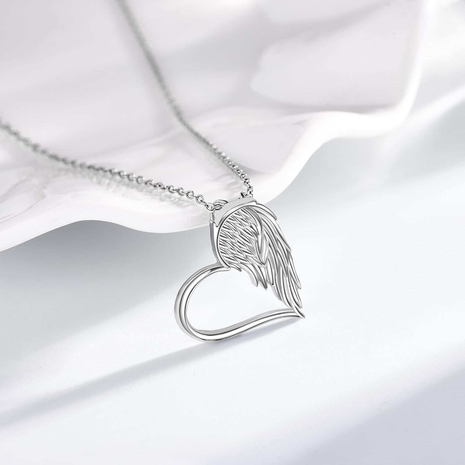 URONE Angel Wings Necklace 925 Sterling Silver Angel Wing Heart Pendant Necklace Angel Wing Jewelry Gifts for Women - Image 2