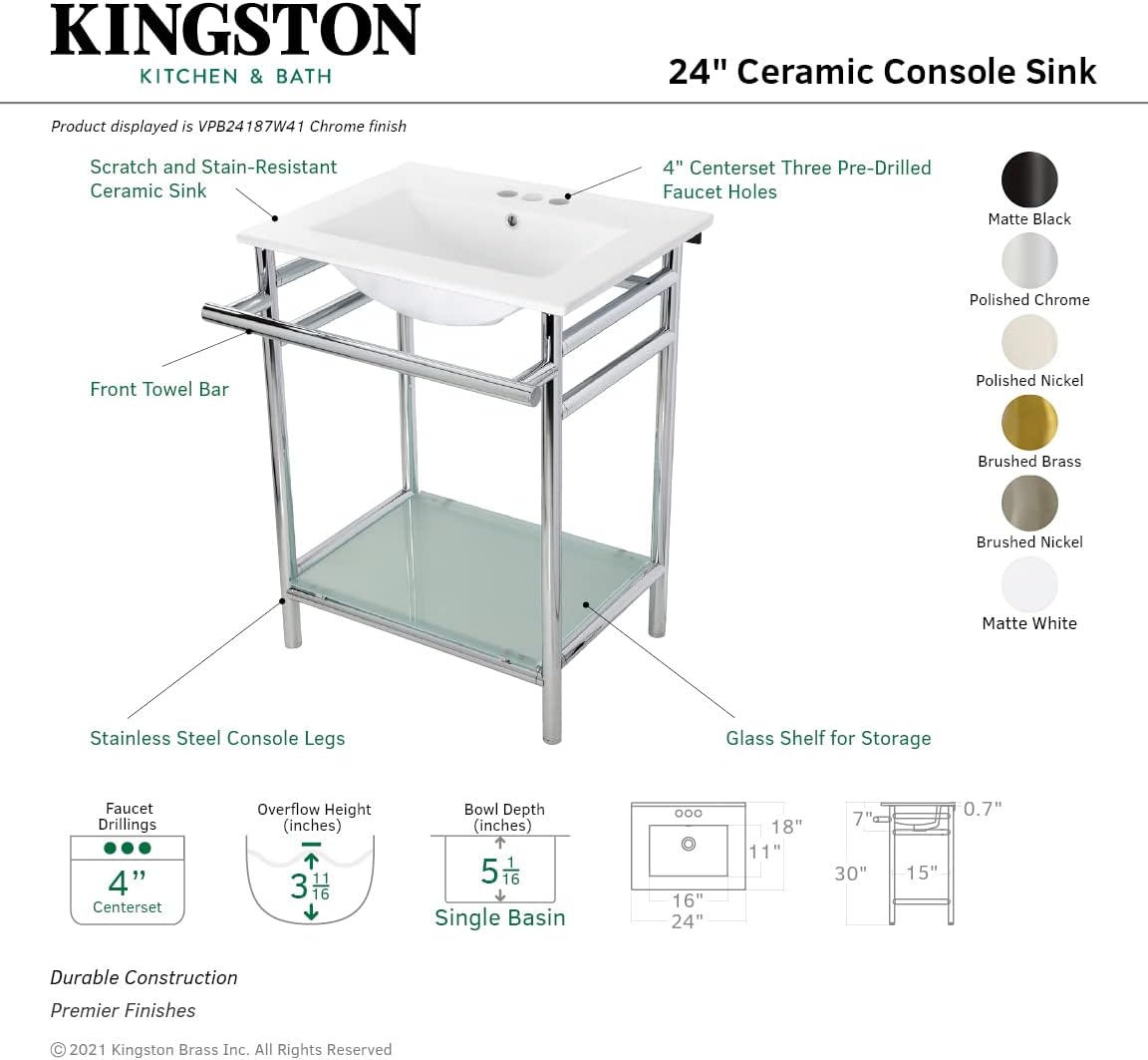 Kingston Brass VPB24187W48 24-Inch Ceramic Console Sink (4-Inch, 3-Hole), White/Brushed Nickel
