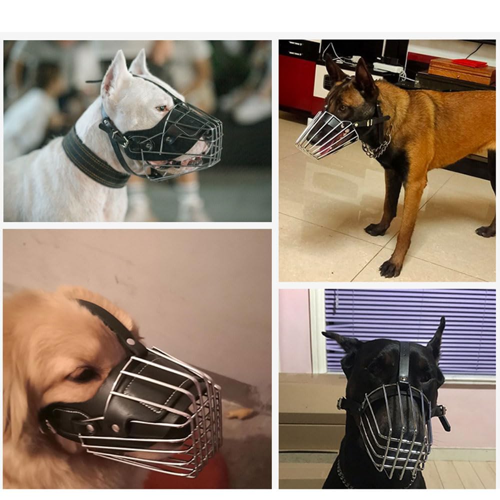 Bozal para Perro Bozales Anti-Morder Transpirable Cesta de Metal para la Cara para Perros Anti Morder y Ladrar,Correa de Cuero Ajustable Adecuada para Perros gigante Grandes medianos de 15-50kg o más