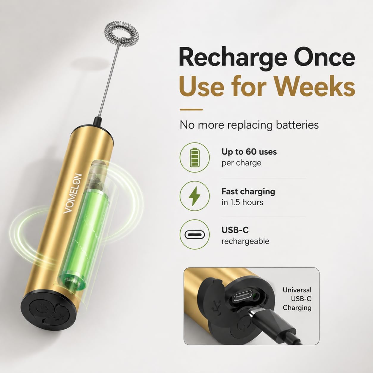 rechargeable electric milk frother handheld,2-speed travel frother with tube case, milk foamer coffee frother for latte, cappuccino, drink mixer with 2 stainless whisks and charger golden light golden