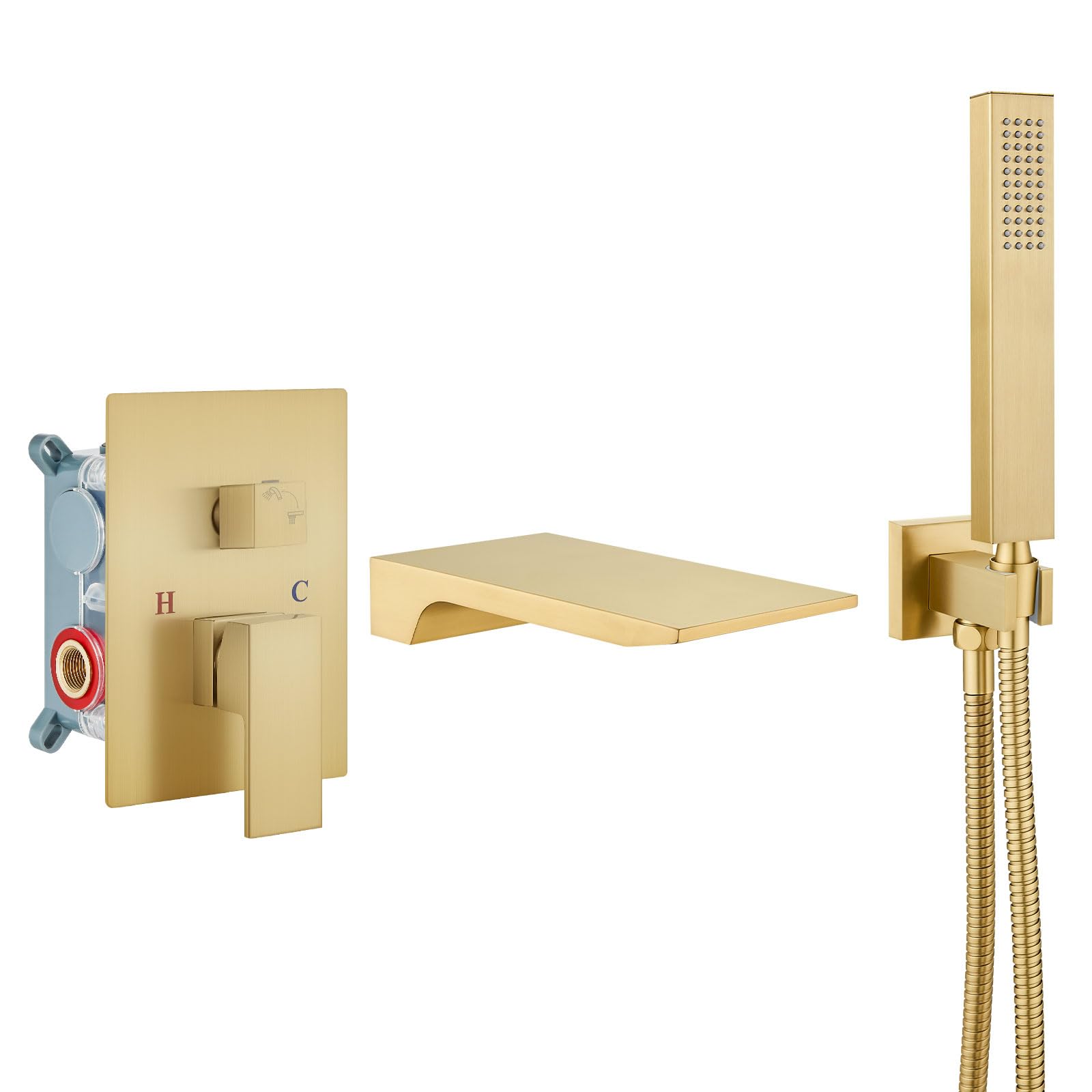 Wall Mounted Dual Head Shower Faucet With Tub Spout, Complete Pressure Balance Brushed Gold Tub Shower System Wth Hand Shower