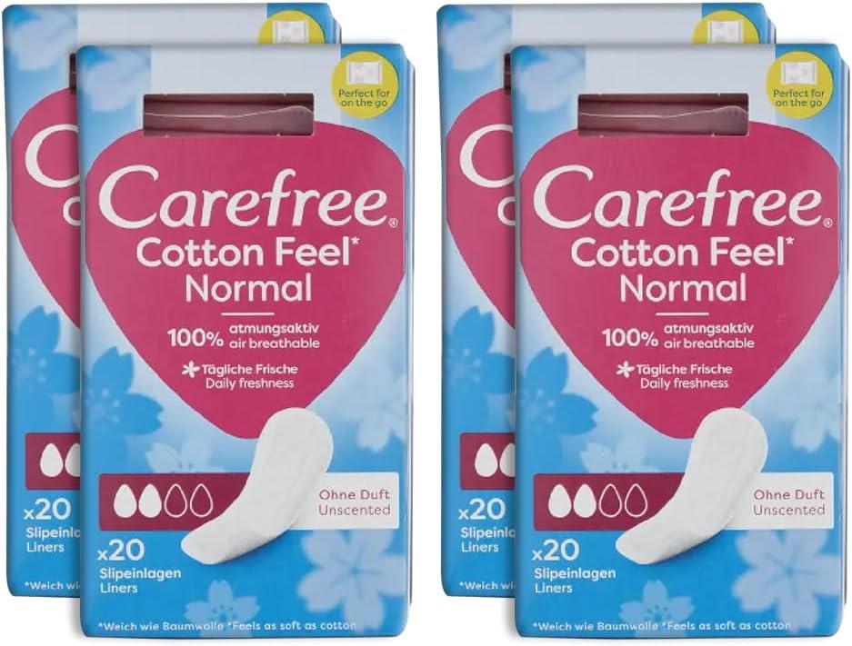 Carefree Panty Liners Cotton Feel Normal Unscented Air Breathable Individually Wrapped for On-The-Go Use Super Absorbent Lock in Liquids Instantly (Pack of 4x20 = 80 Liners)