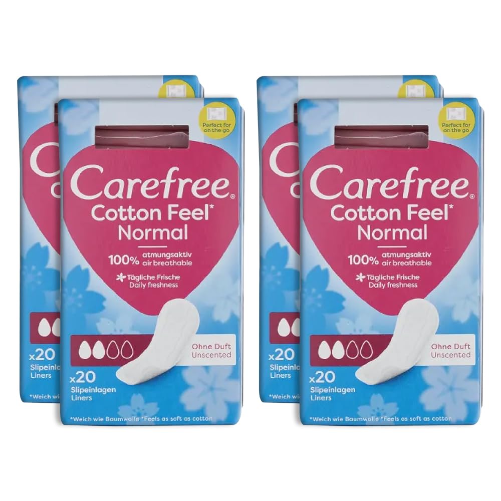 Carefree Panty Liners Cotton Feel Normal Unscented Air Breathable Individually Wrapped for On-The-Go Use Super Absorbent Lock in Liquids Instantly (Pack of 4x20 = 80 Liners)