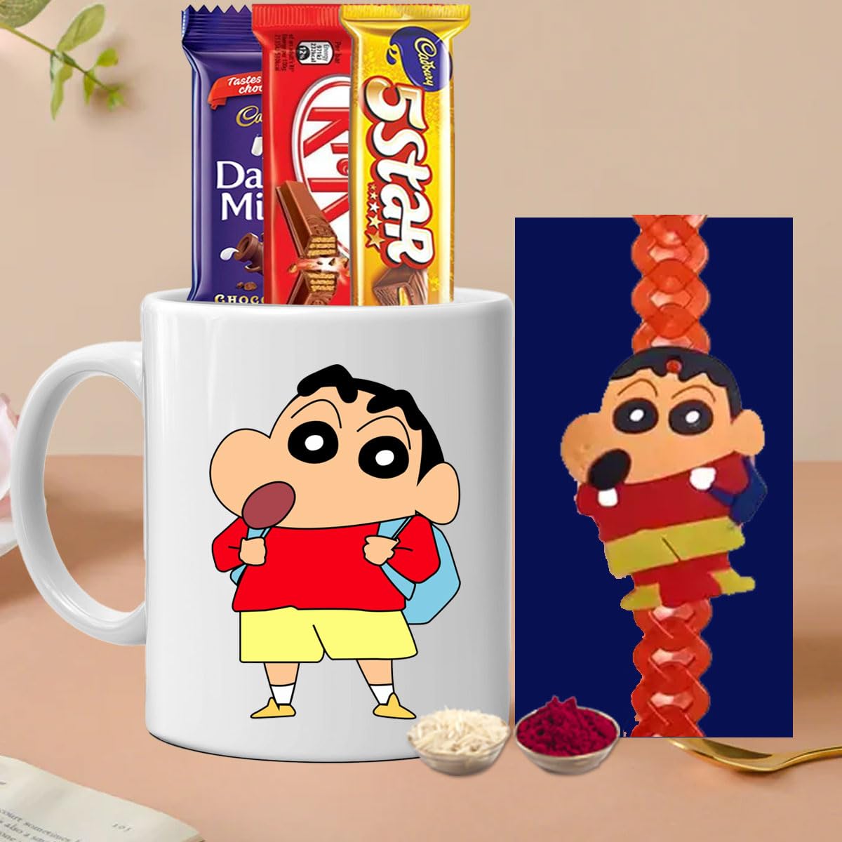 Gift Jaipur Cartoon Kids Rakhi Hamper of 3 Chocolates, ceremic coffee mug & led light rakhi (pack of 5)- Rakshabandhan gift for little younger brother bhai bhatija bro (350 Ml mug, Shinchan)-image-41