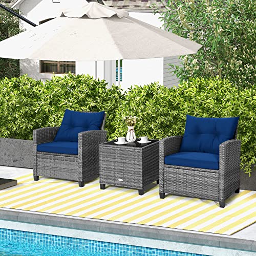 Image of Tangkula 3 Pieces Patio Furniture Set, Outdoor PE Rattan Conversation Chair Set with Tempered Glass Side Table and Removable Cushions, PE Wicker Chairs and Table Set for Porch, Balcony and Garden