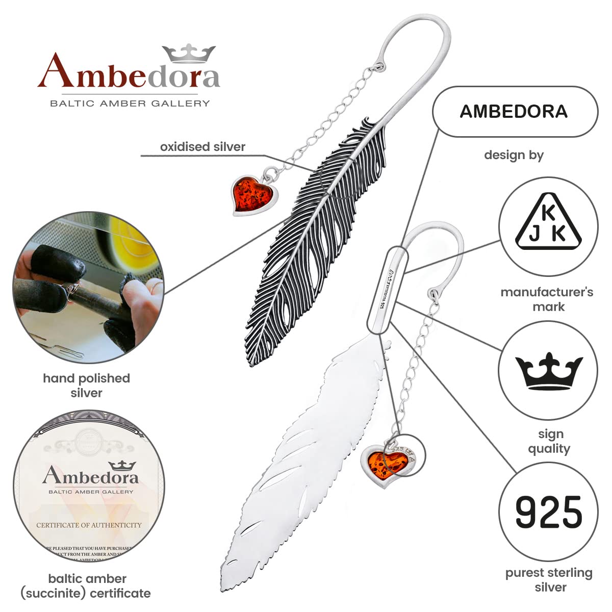 AMBEDORA Women's Sterling Silver Butterfly Brooch With Natural Cognac Amber - Polished 925 Silver, Safety Lock Pin