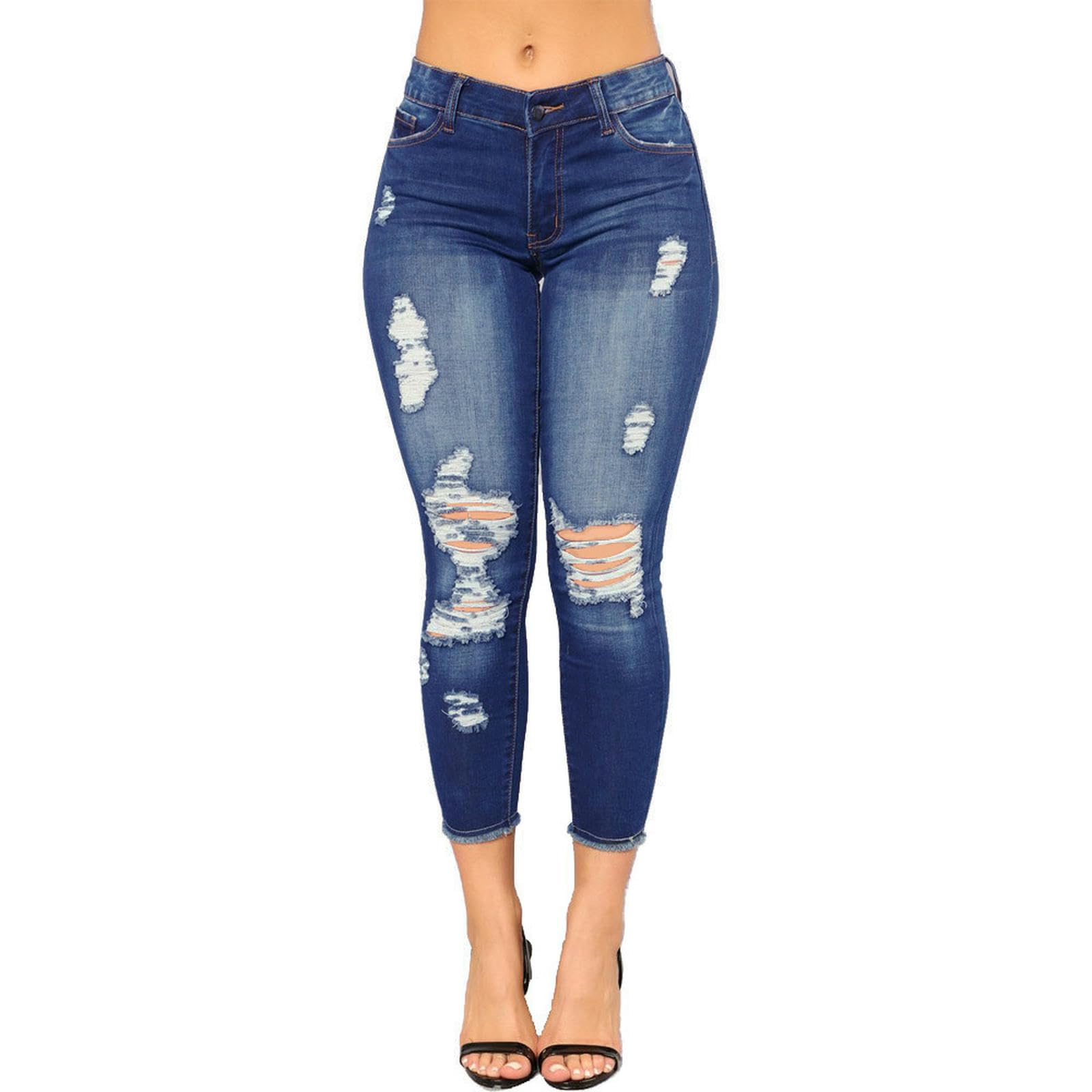Jeans da Donna Nuovo Stile Pantaloni Strappato con A Larga Gamba Stretta Nove Punti-Blu Scuro-s