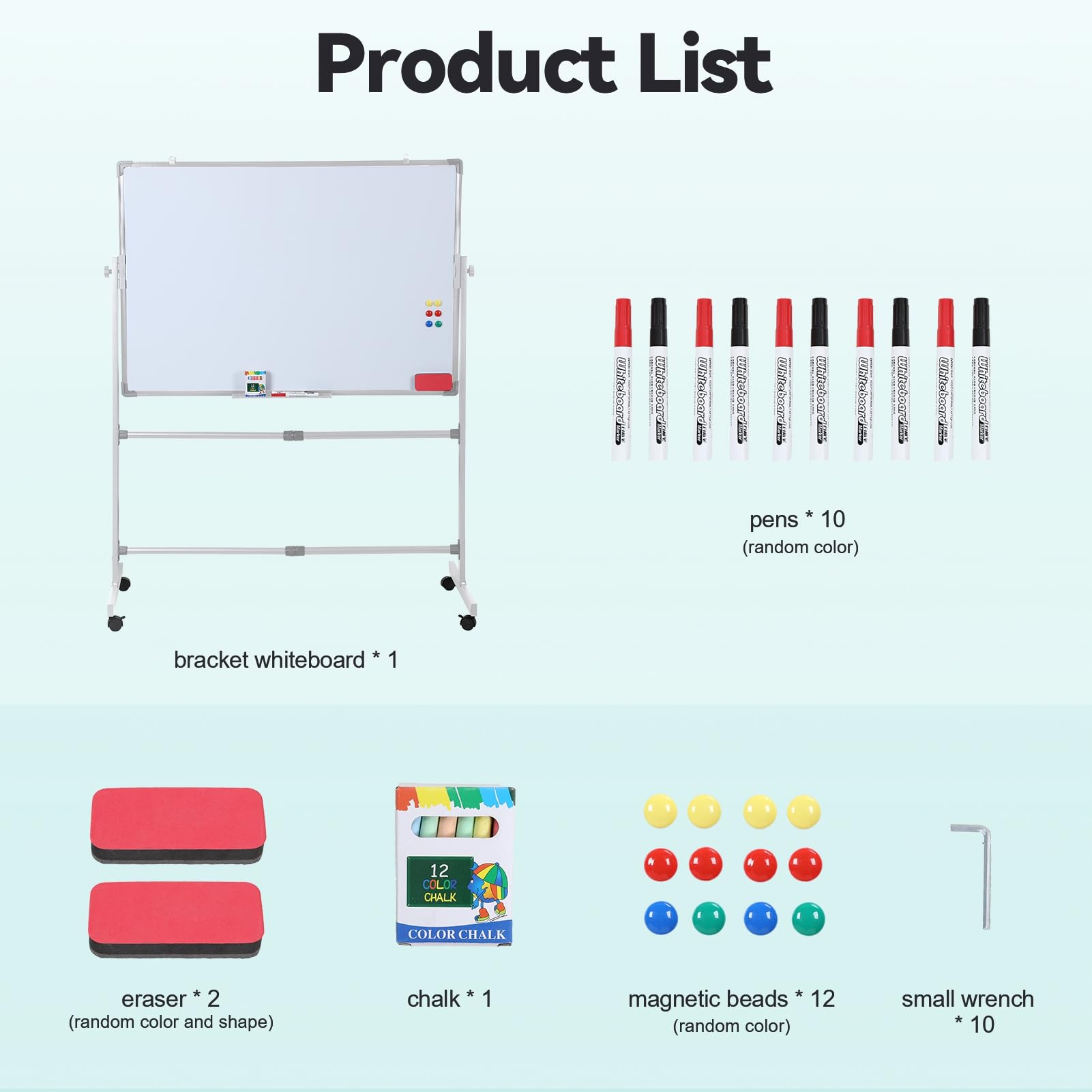 Lavagna bianca mobile su ruote, con supporto, 101 x 71 cm, double-face, reversibile, con cavalletto regolabile in altezza, include 10 pennarelli, 12 magneti, 2 gomme da cancellare, per ufficio e aula