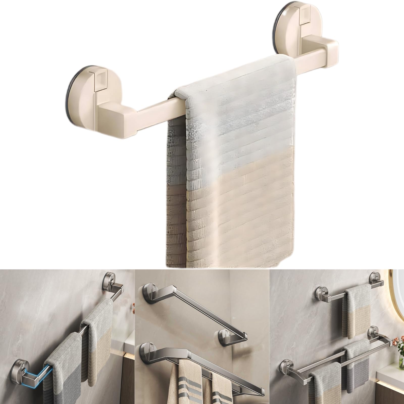 Boxonly Suction Towel Rack for Bathroom Wall-Mounted Single Bar, Heavy-Duty Stainless Steel, Milk White, 30cm
