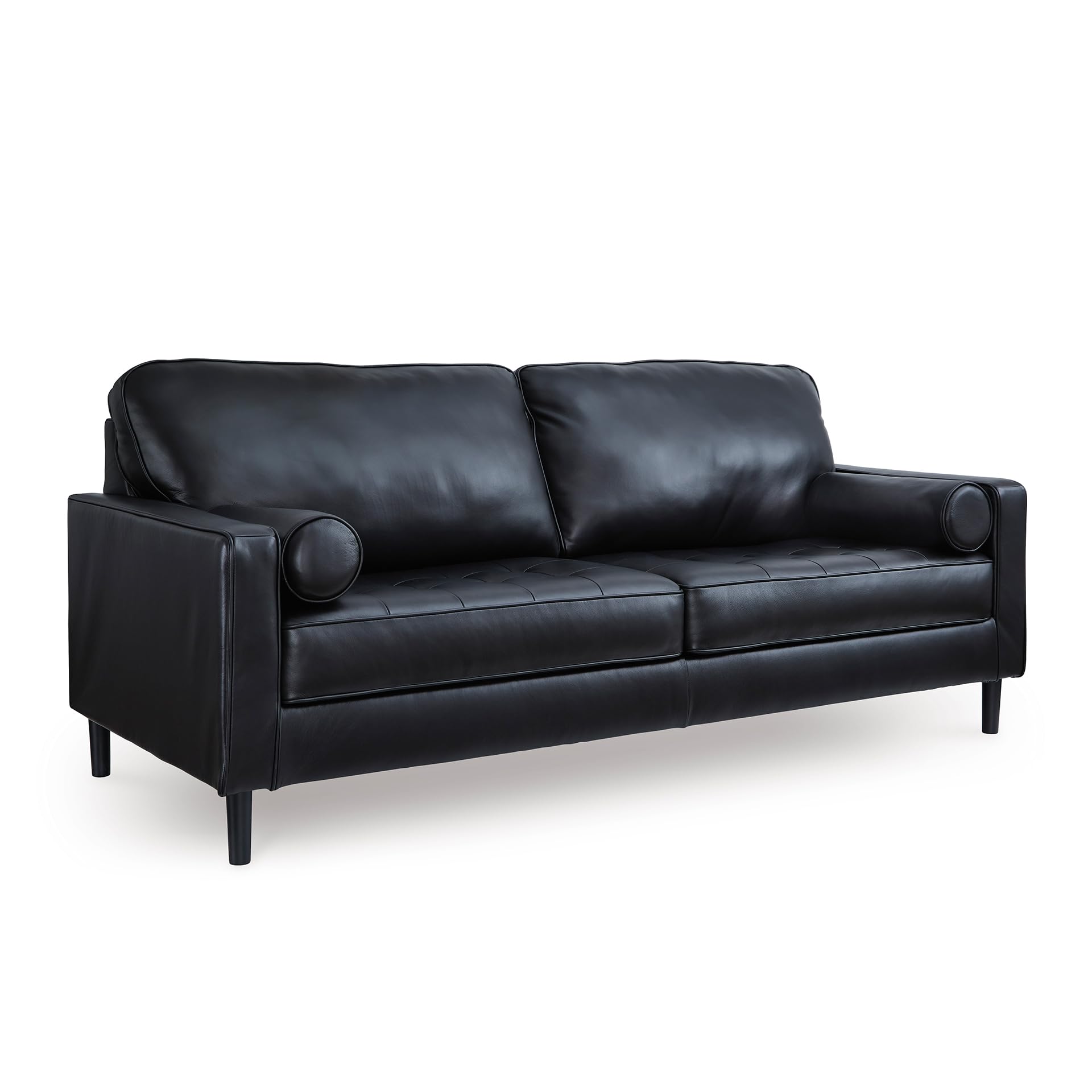 Signature Design by Ashley Bryceview Contemporary Leather Match Tufted Sofa with 2 Bolster Pillows, Black