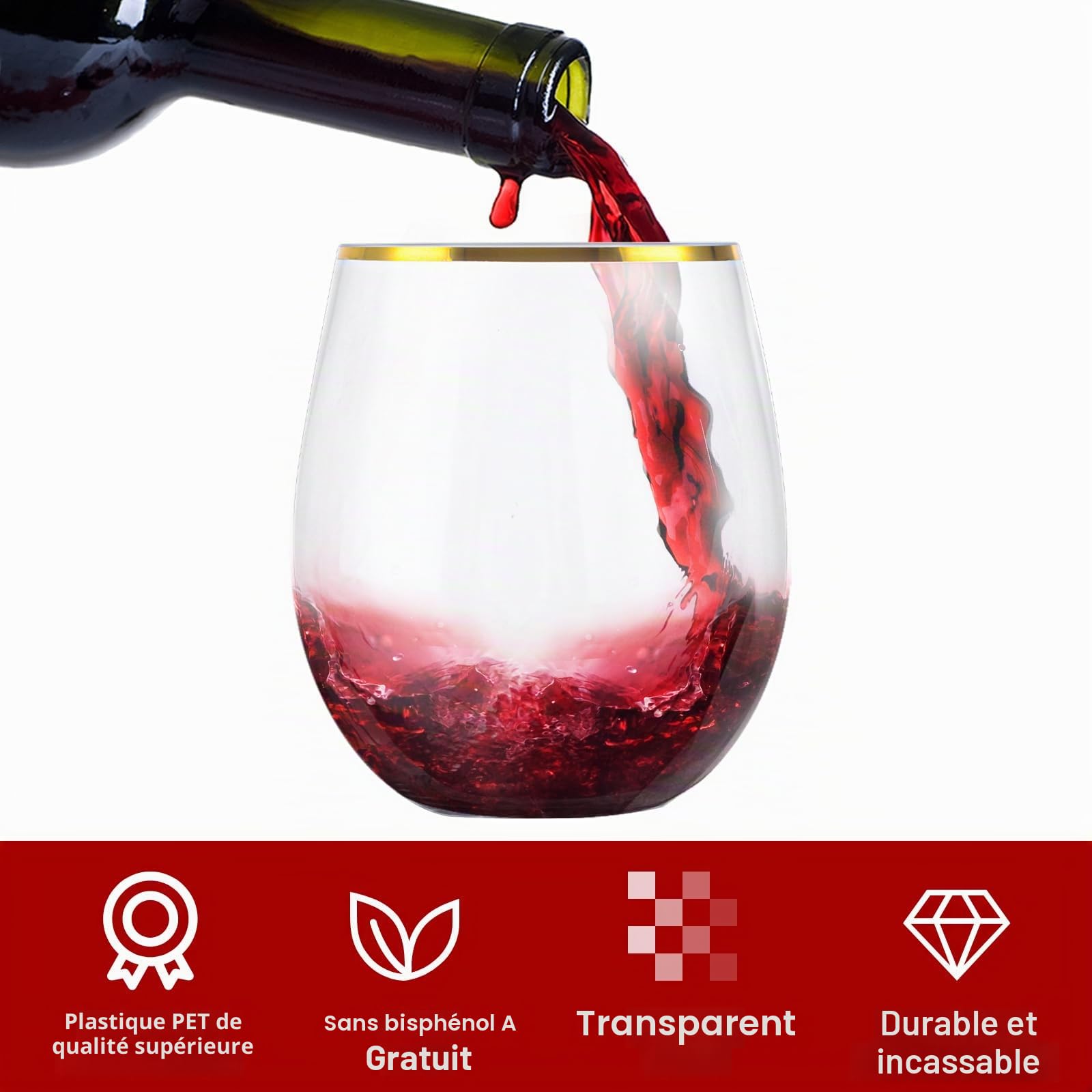 Lot de 16 verres à vin sans pied en plastique incassable - Réutilisables - Bords dorés - Pour fête, mariage, pique-nique