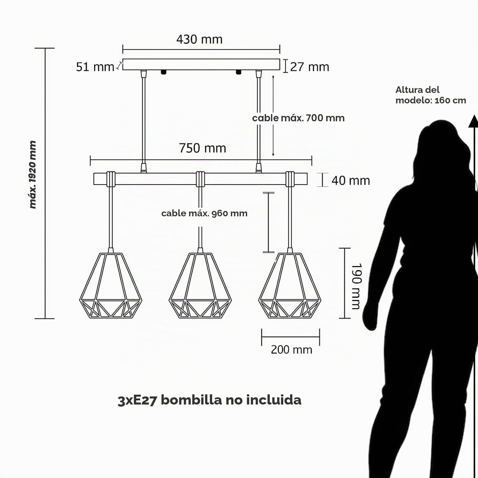 Alpinaluz Lámpara Colgante Lineal 3 Luces 75 cm de Madera Natural con 3 Pantallas de Jaula Metálica Blanca, 3x E27 y Altura Ajustable, Estilo Nórdico para Isla de Cocina, Comedor o Salón