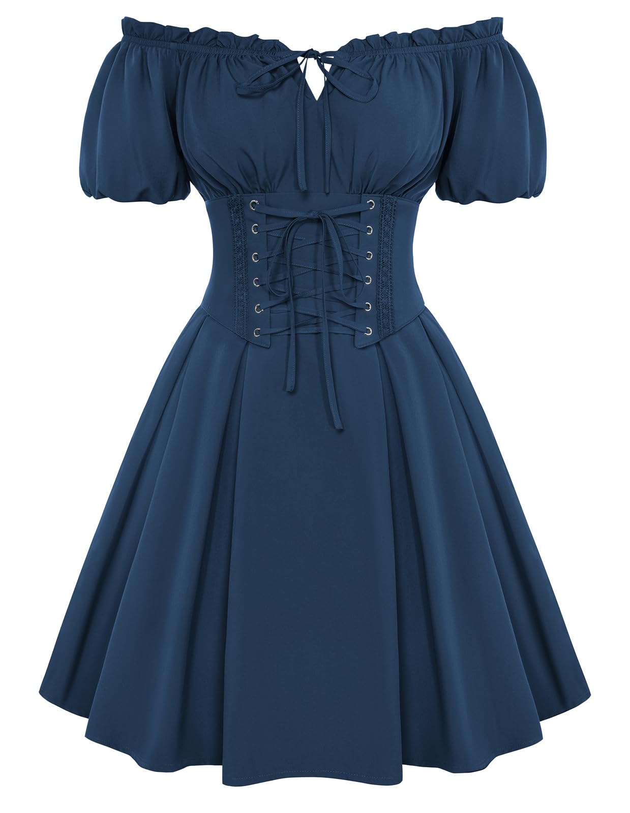 Scarlet Darkness Renaissance Costume Women Corset Dress Midi Off Shoulder Fairy Dresses, Dark Blue, M