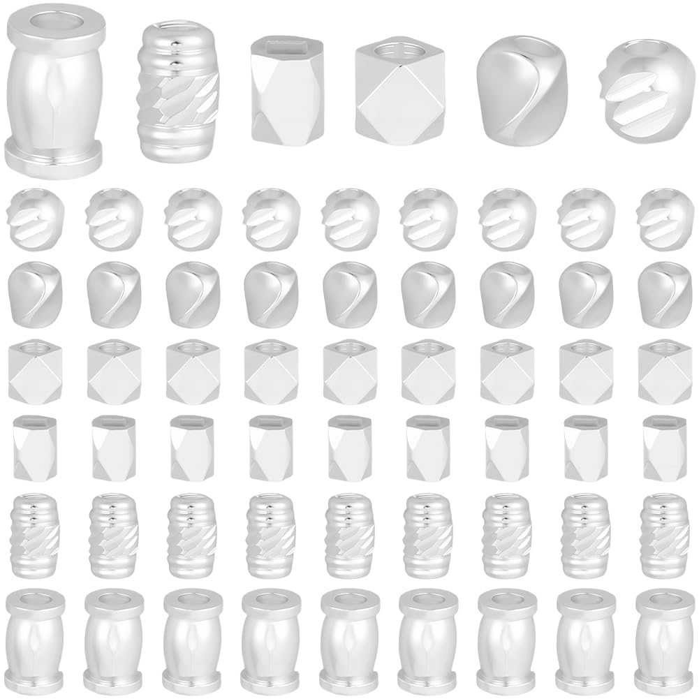 Beebeecraft 60Pcs 6 Styles Silver Plated Spacer Beads, 925 Sterling Silver Plated Geometry Tube Round Faceted Cube Square Bead for Jewelry Making DIY Crafts Necklace Bracelet
