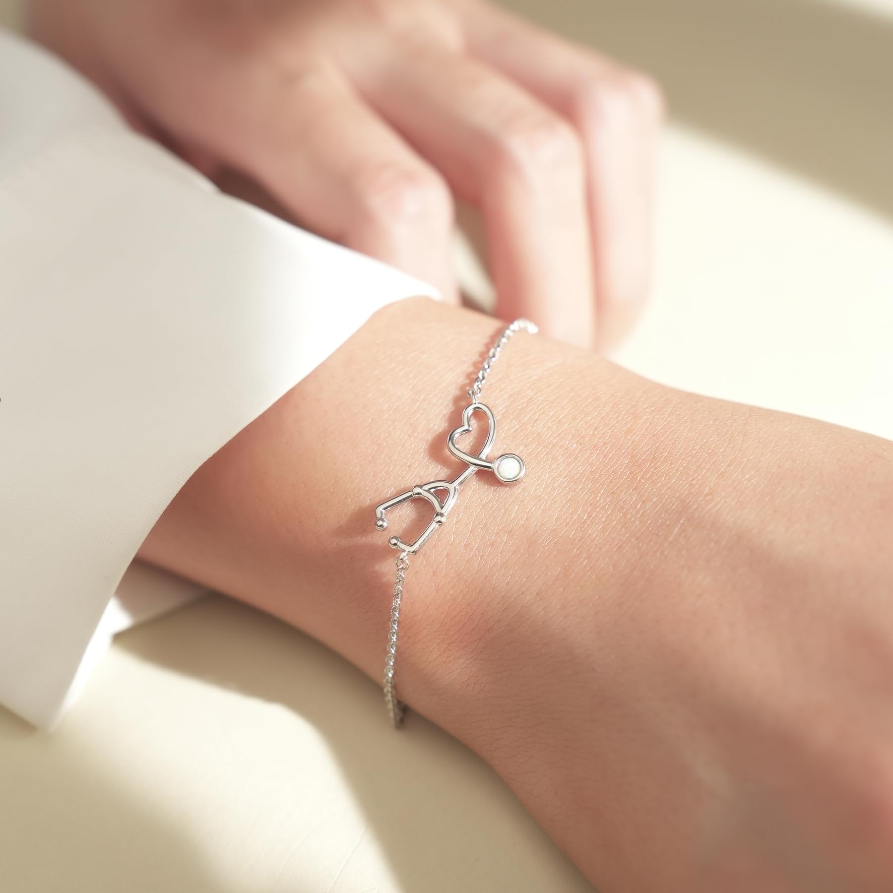 CHIC & ARTSY 925 Delicati braccialetti a maglie in argento sterling 925 con opale regolabile per donne, amicizia tra sorelle