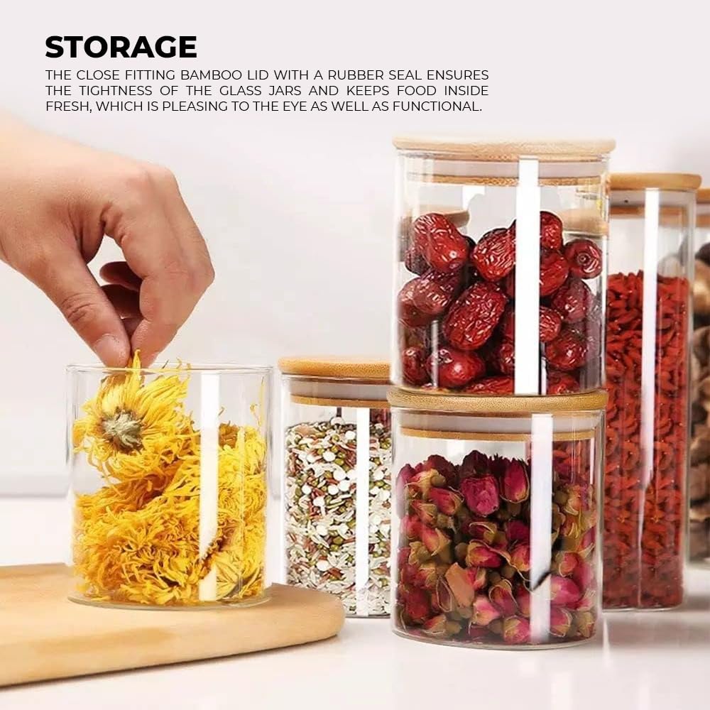 Home & Treat Lot de 6 bocaux de conservation en verre avec couvercles en bambou - 500 ml - 6 couvercles et étiquettes - Contenants alimentaires en verre borosilicate pour sucre, grains de café, noix,