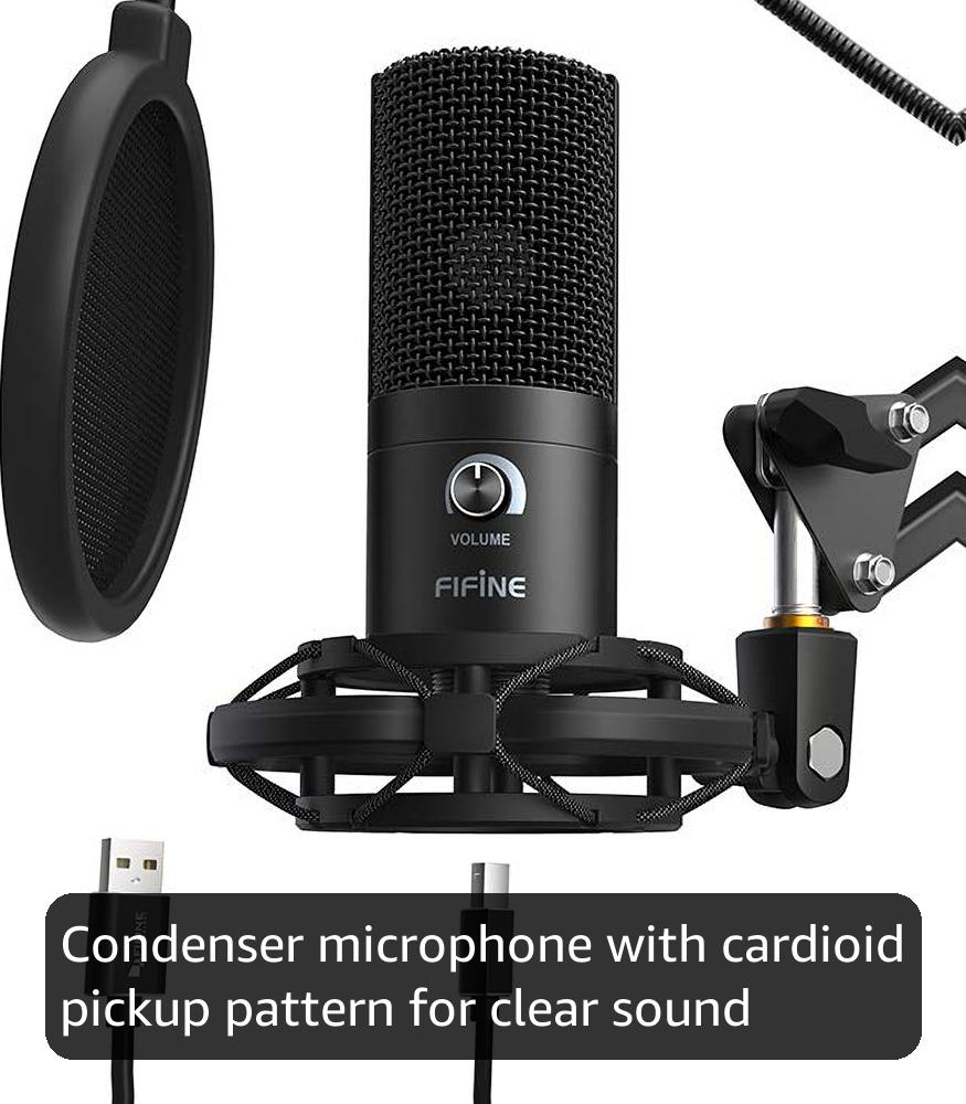 FIFINE USB Microphone Kit Condenser Studio Microphone for Computer