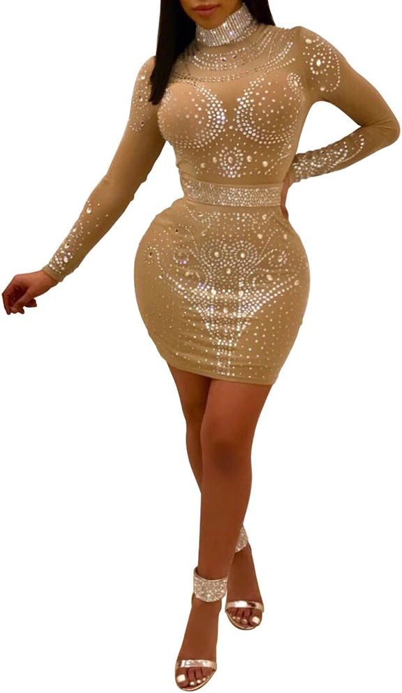 Fadvanes Womens Sexy Mesh See Through Rhinestone Long Sleeve Bodycon Party Mini Short Dress Clubwear Apricot M