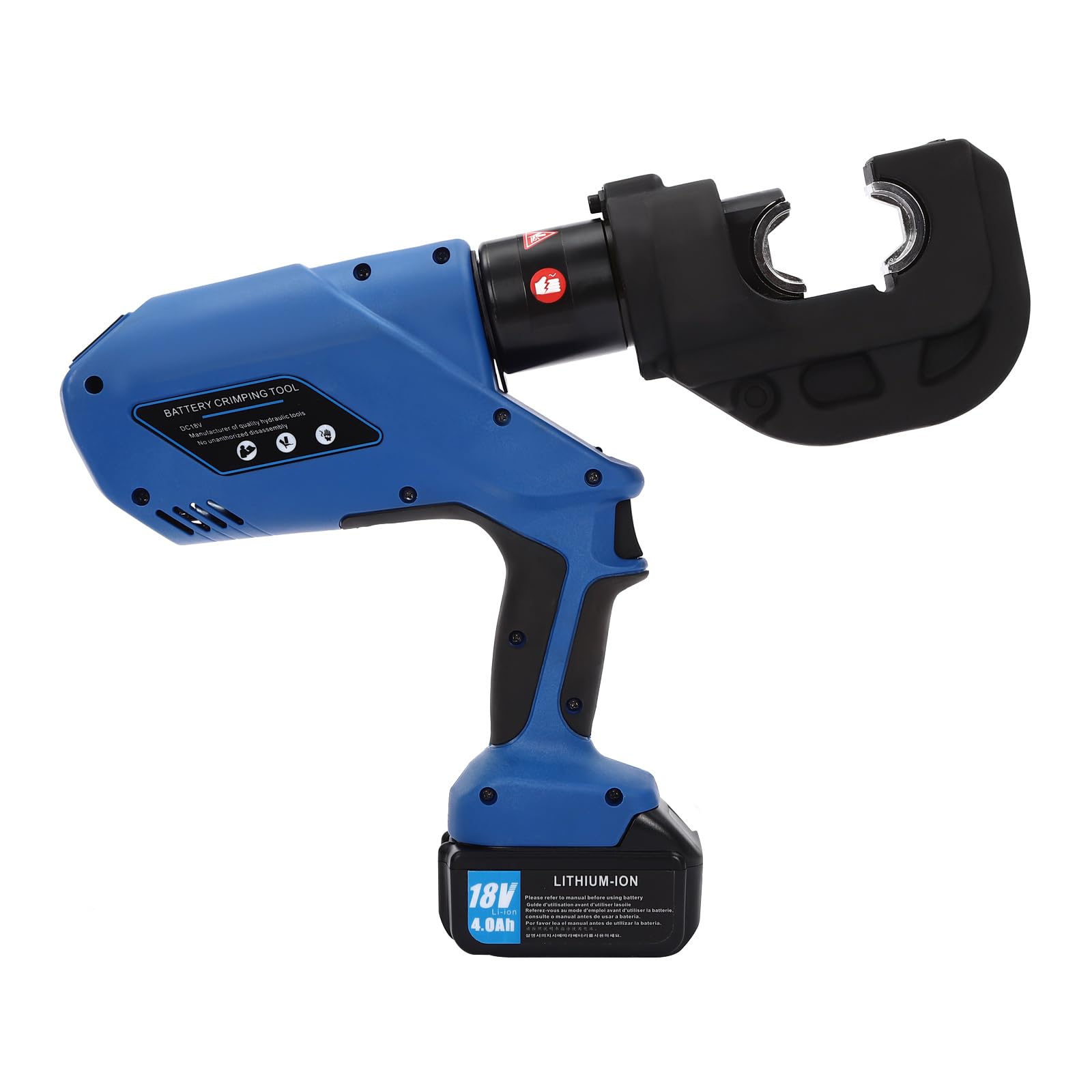 Alicates de crimpado hidráulicos eléctricos recargables 120 kN, 120 veces/carga, con 12 sellos, batería, cargador de batería, correa de mano, maletín de herramientas