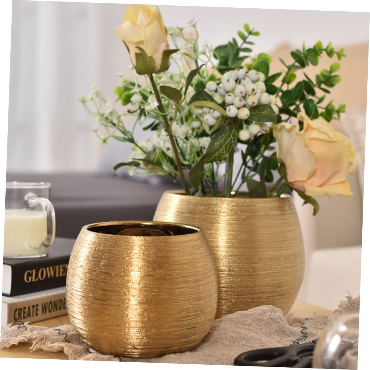 Pot de Fleurs en Céramique Plaqué Or Rond, Respirant et Lumineux, pour Succulentes, Décoration Élégante Maison Bureau