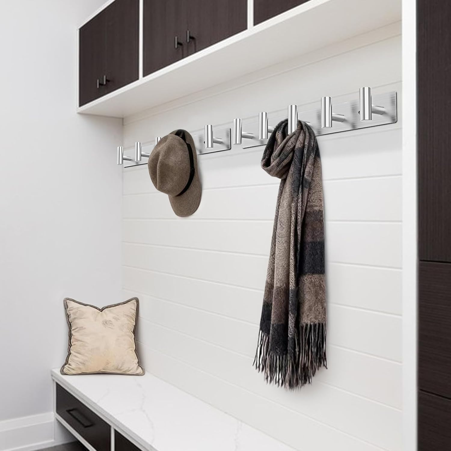 Coat Rack Wall Mount - 5 Hat and Coat Hooks, Heavy Duty Towel Racks for Bathroom Entryway, Wall Hooks for Hanging Robes Bags Scarves Belts, Hat Rack Key Hanger Organizer (Silver) - Image 5