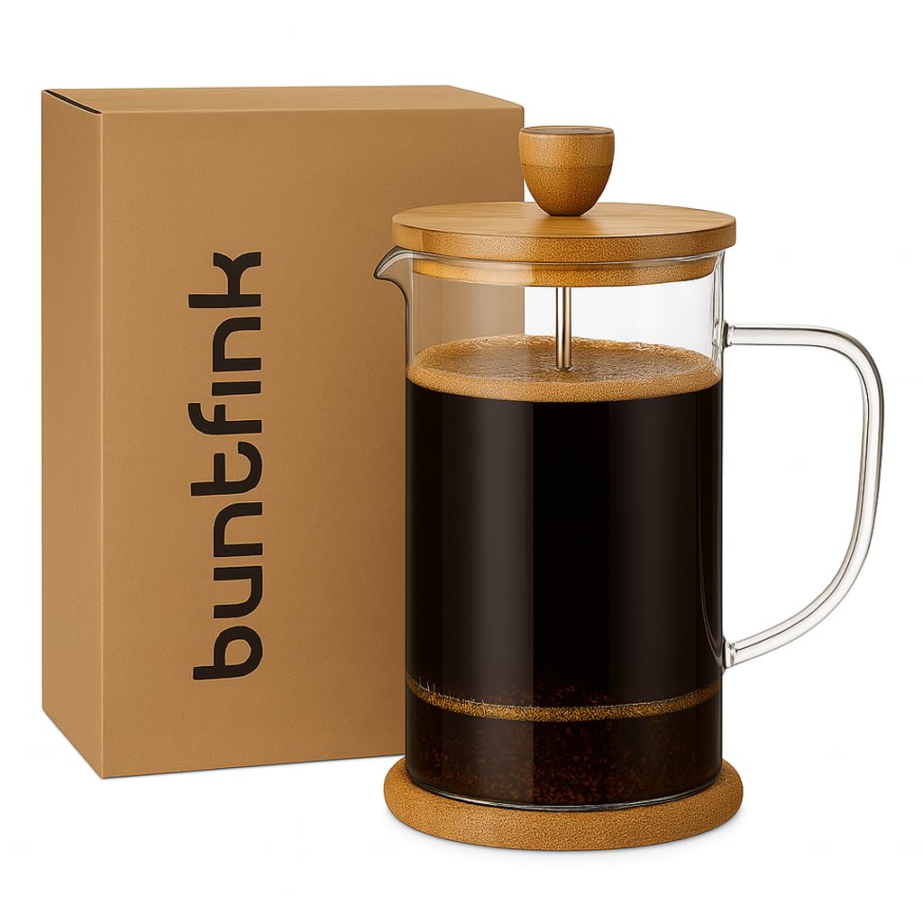 Buntfink French Press 1 Liter Glas – Kaffeebereiter mit Edelstahl-Filter & Bambus-Deckel – mit je 2 Kork-Untersetzer & Ersatz-Siebfilter – Kaffeepresse für Kaffee & Tee – spülmaschinenfest, BPA-frei
