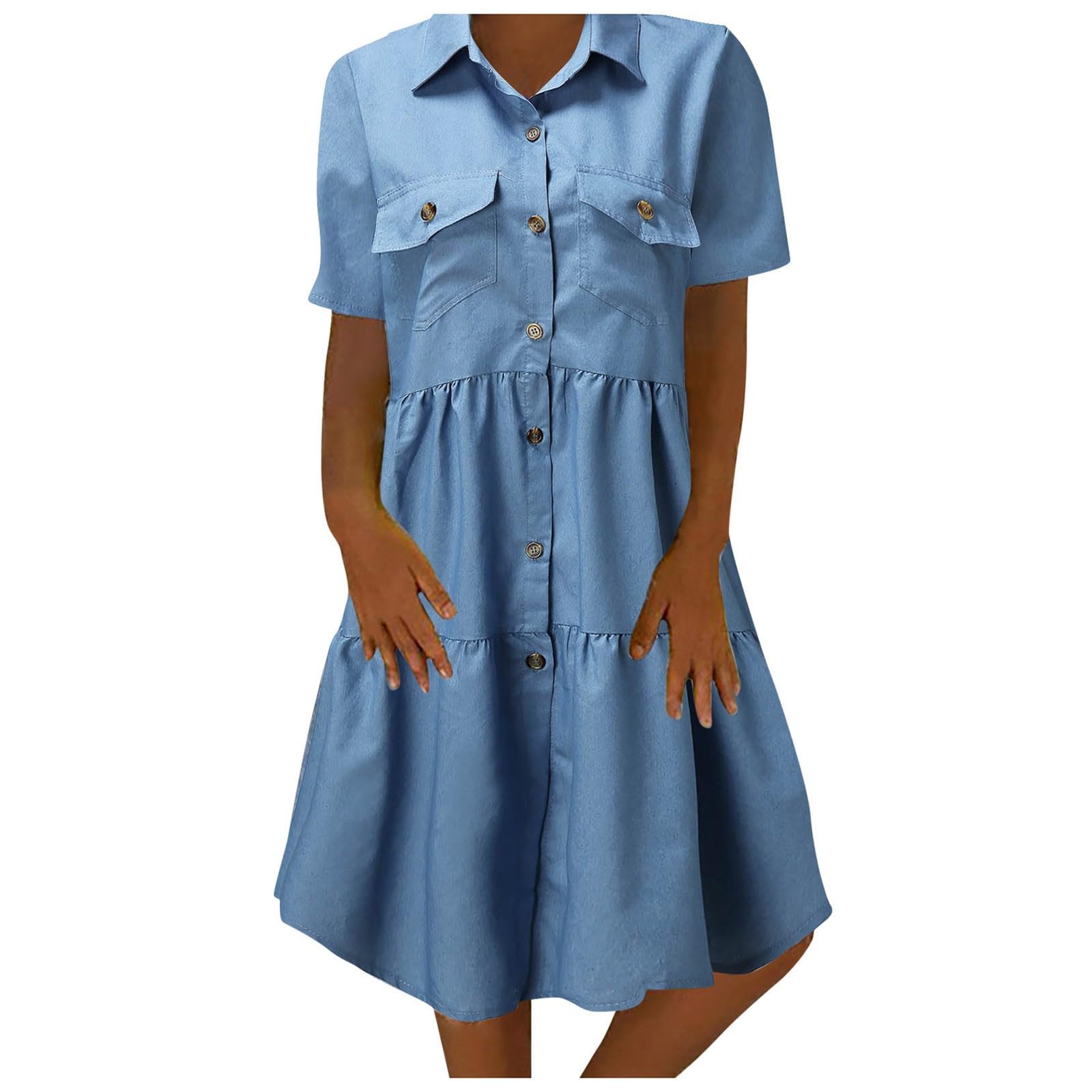 Vestido Vaquero para Mujer con pantalón Corto Informal Veraniego Manga Vuelta hacia Abajo Bolsillos Largo Suelto con Botones