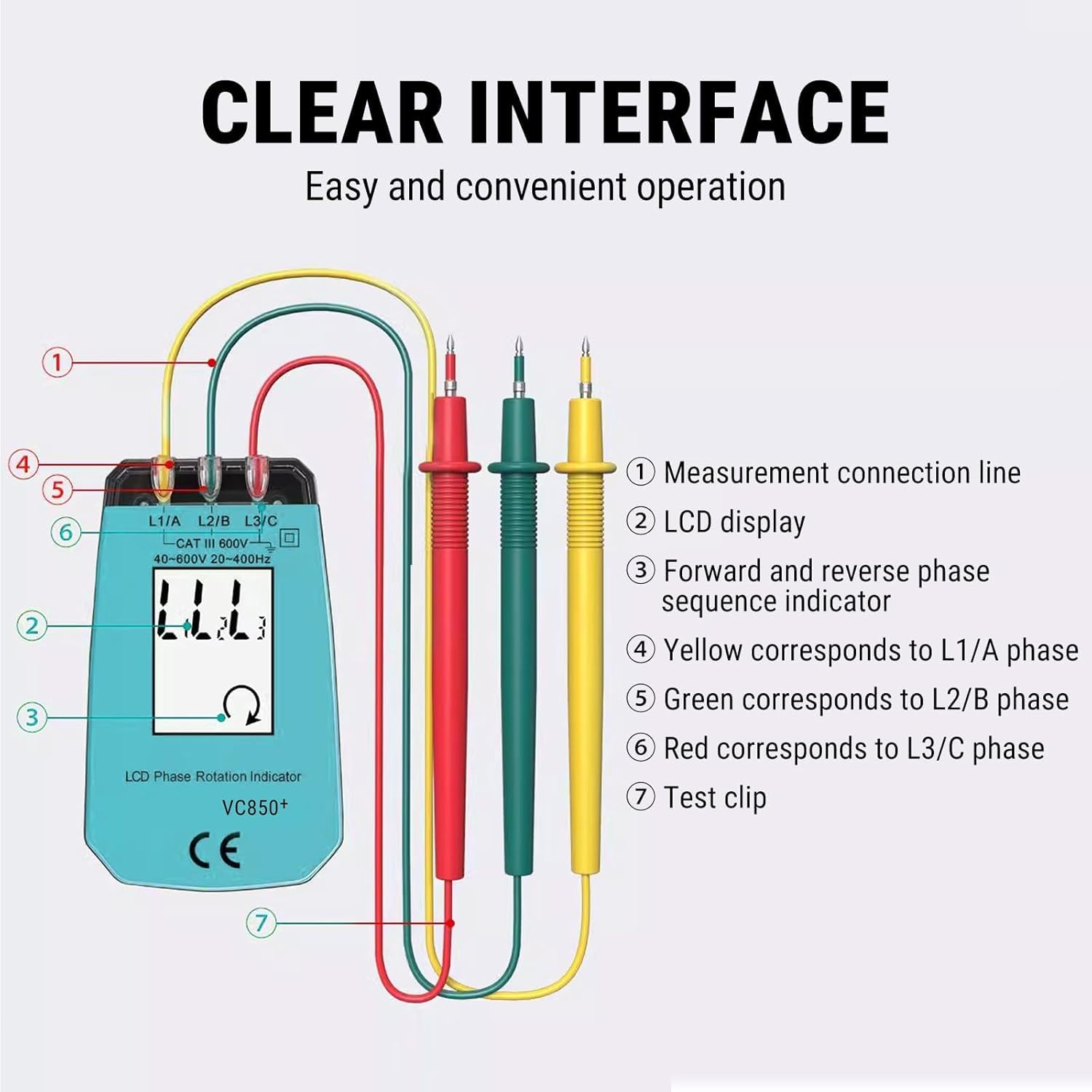 Secuencia de Fase Presencia Rotación Tester, AC40V~600V Comprobador de fase portátil de 3 fases, VC850A Medidor de Secuencia de Fases sin Contactos, para equipos de alta tensión