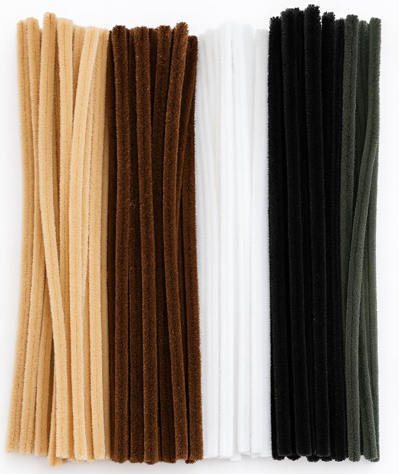 Pipe Cleaners for Craft – 100 Long Chenille Stems in Black, Brown, White, Grey & Flesh | Flexible 30 cm × 6 mm Craft Wire for DIY, School & Decorations