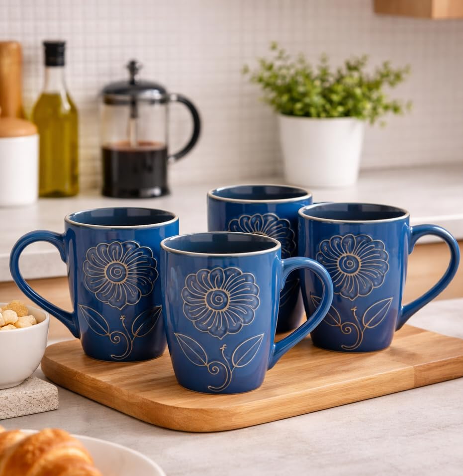 Image of KITTENS Handcrafted Blue Floral Ceramic Coffee Mugs Set of 4 - 330 ml Studio Finish Tea & Coffee Cups, Microwave & Dishwasher Safe - Premium Gift for Housewarming & Special Occasions