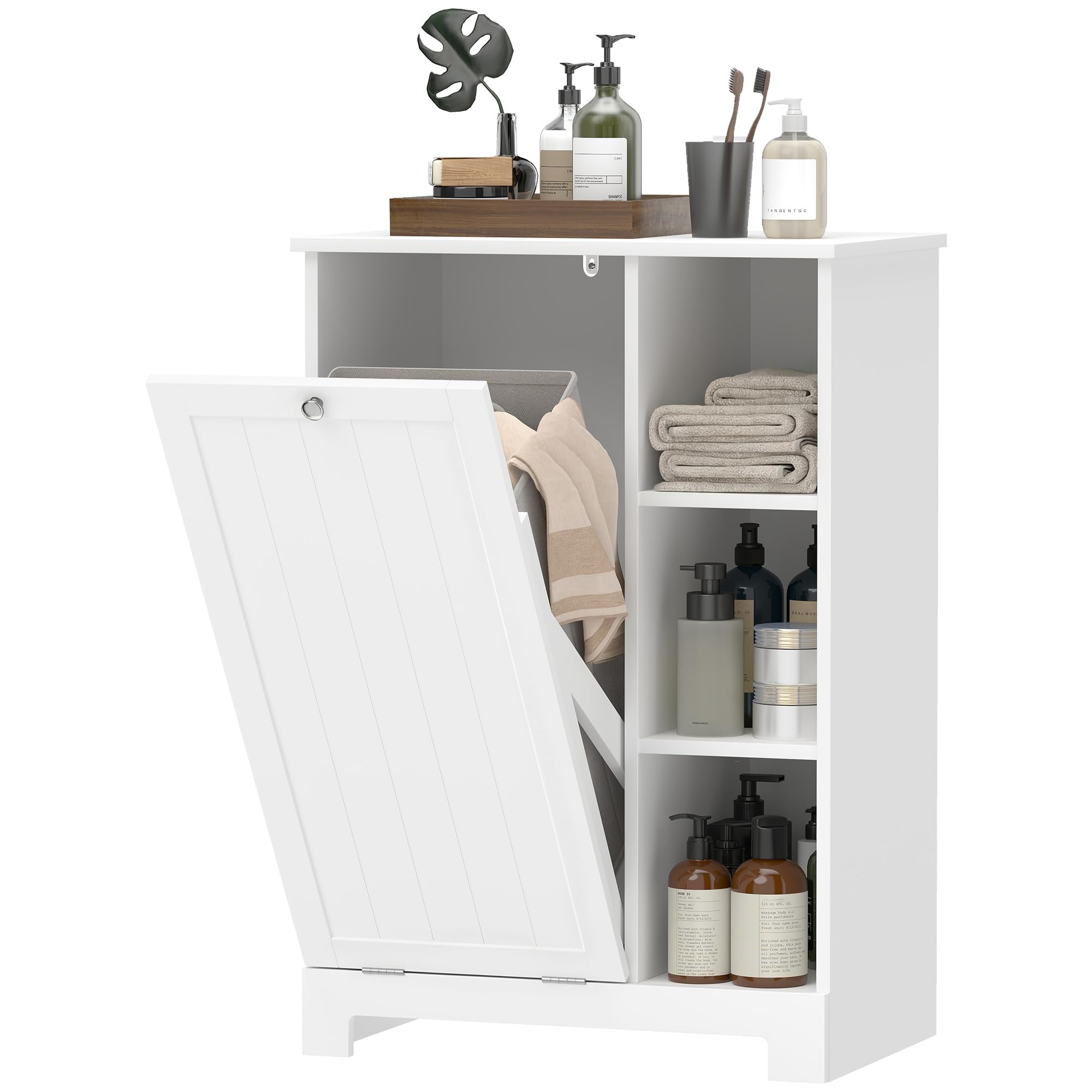HOMCOM Badezimmer-Wäscheschrank mit herausnehmbarem Korb, platzsparender Badezimmerschrank, Wäscheschrank mit klappbarem Wäschesack und 3 Einlegeböden, 60x38x86 cm, Weiß