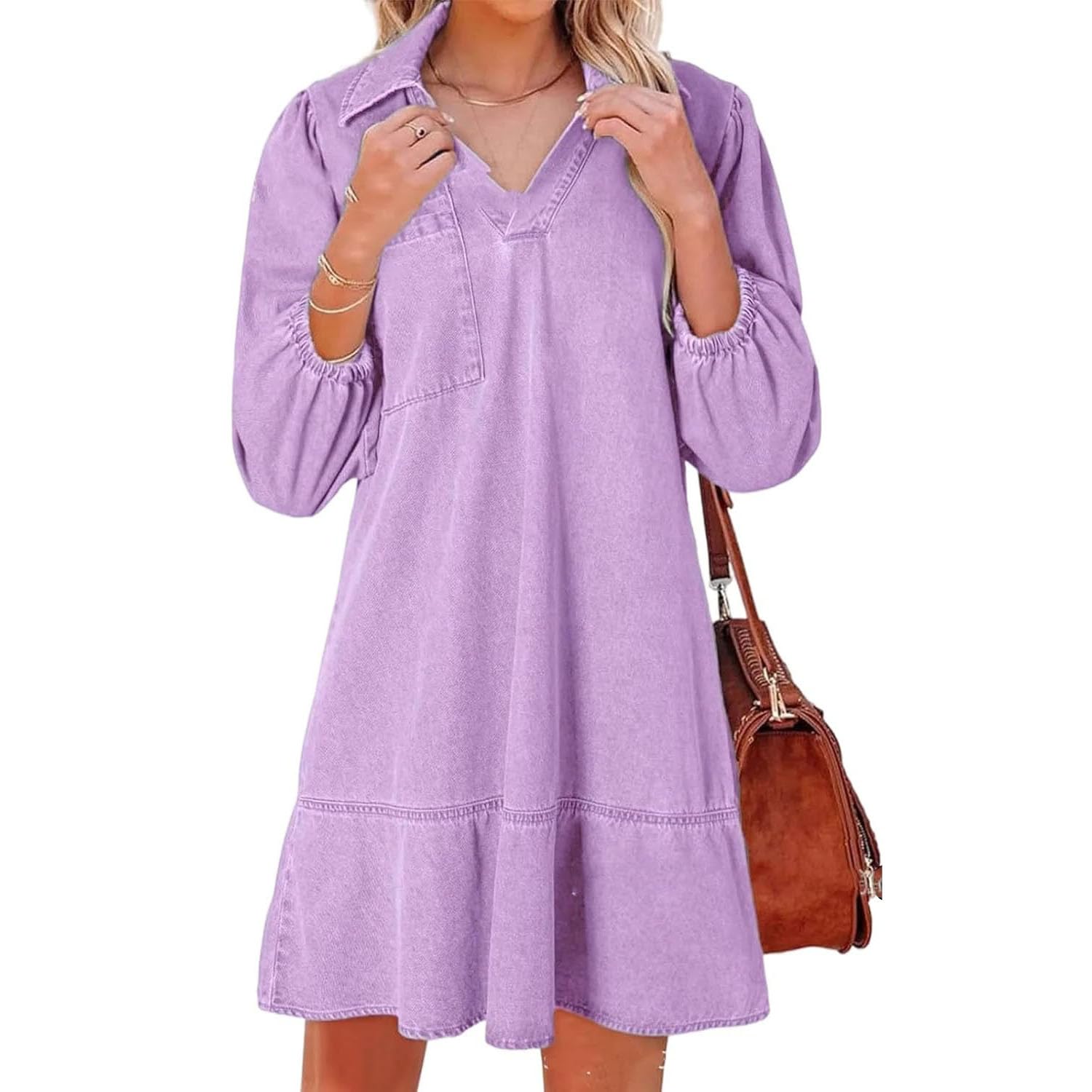Vestido Vaquero con Capas, Cuello en V y Mangas abullonadas para Mujer, Vestidos Vaqueros con Volantes y Mangas 3/4, Vestido Vaquero Camisero Holgado de Verano con Bolsillos. (Brown,L)