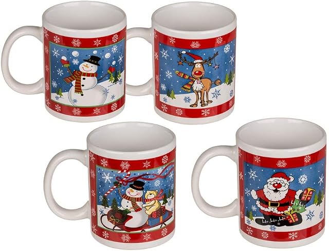 Invero Set of 4 Christmas Snowman Santa Claus Reindeer Printed 12oz (350ml) Fine Bone China Drinking Mugs Ideal for Tea, Coffee, Latte, Hot Chocolate, Gifts and more