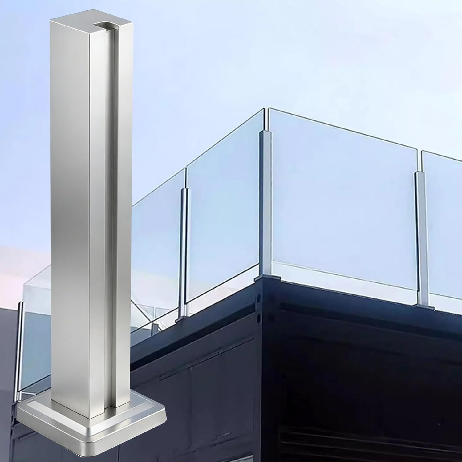 AVLSO Balusters Handrail Balustrade Glass Panels Post System with Spigot Slots & Base, 10mm Thick Toughened Glass Fence Clamp for Deck Balusters, Balcony(End Post,Height 95cm/37.4in)