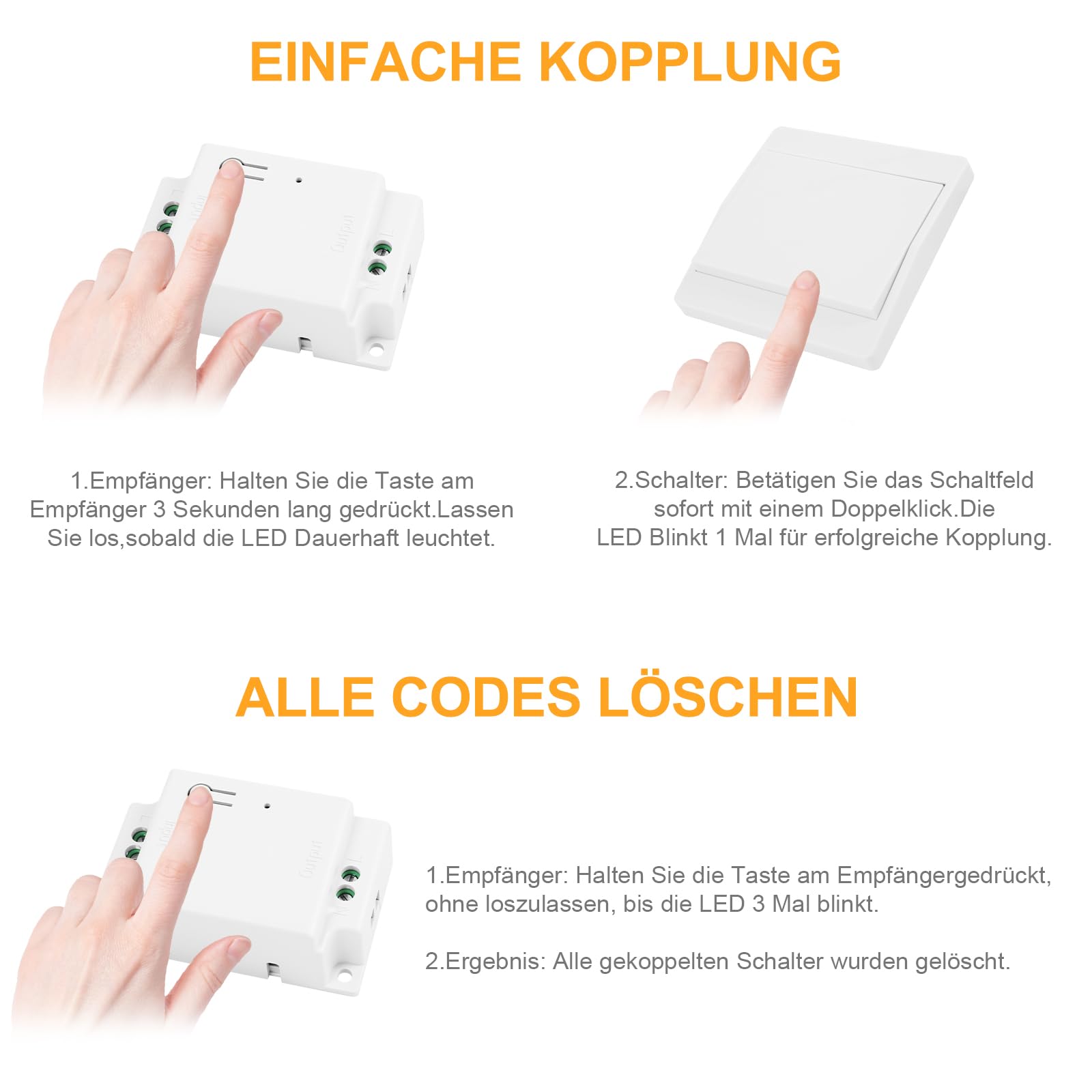 Lot d'interrupteurs sans fil 230 V, auto-alimenté, sans batterie, avec récepteur, 433 MHz, pour salon, cuisine et salle de bain, pas de nouveau câblage, 1 récepteur et 3 interrupteurs