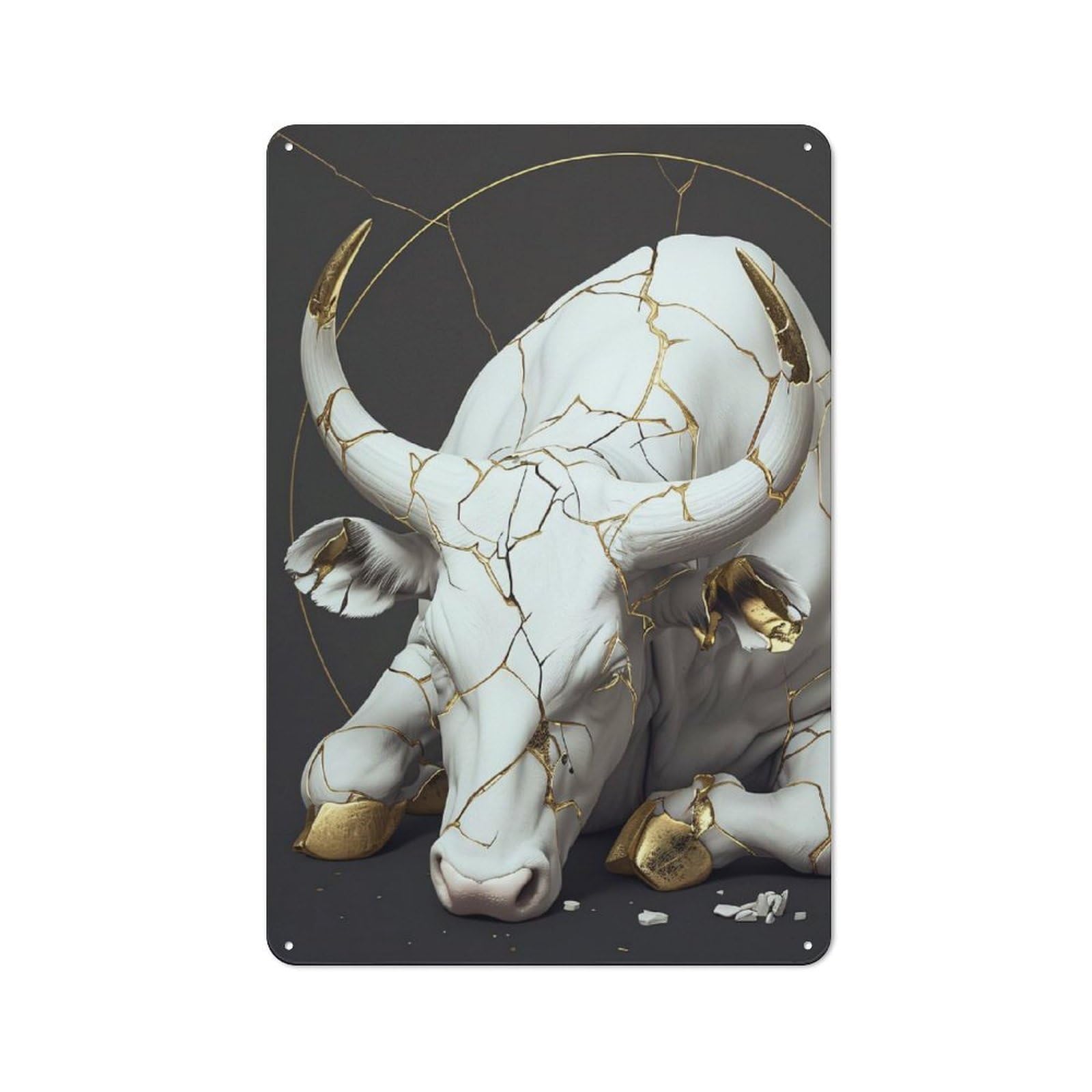 Junmoney Style-18 Cracked White And Gold Bull Sculpture Rustic Metal Sign 30X20cm, Barn Style Farmhouse Wall Decor For Kitchen, Cottage, Porch Or Garden Room