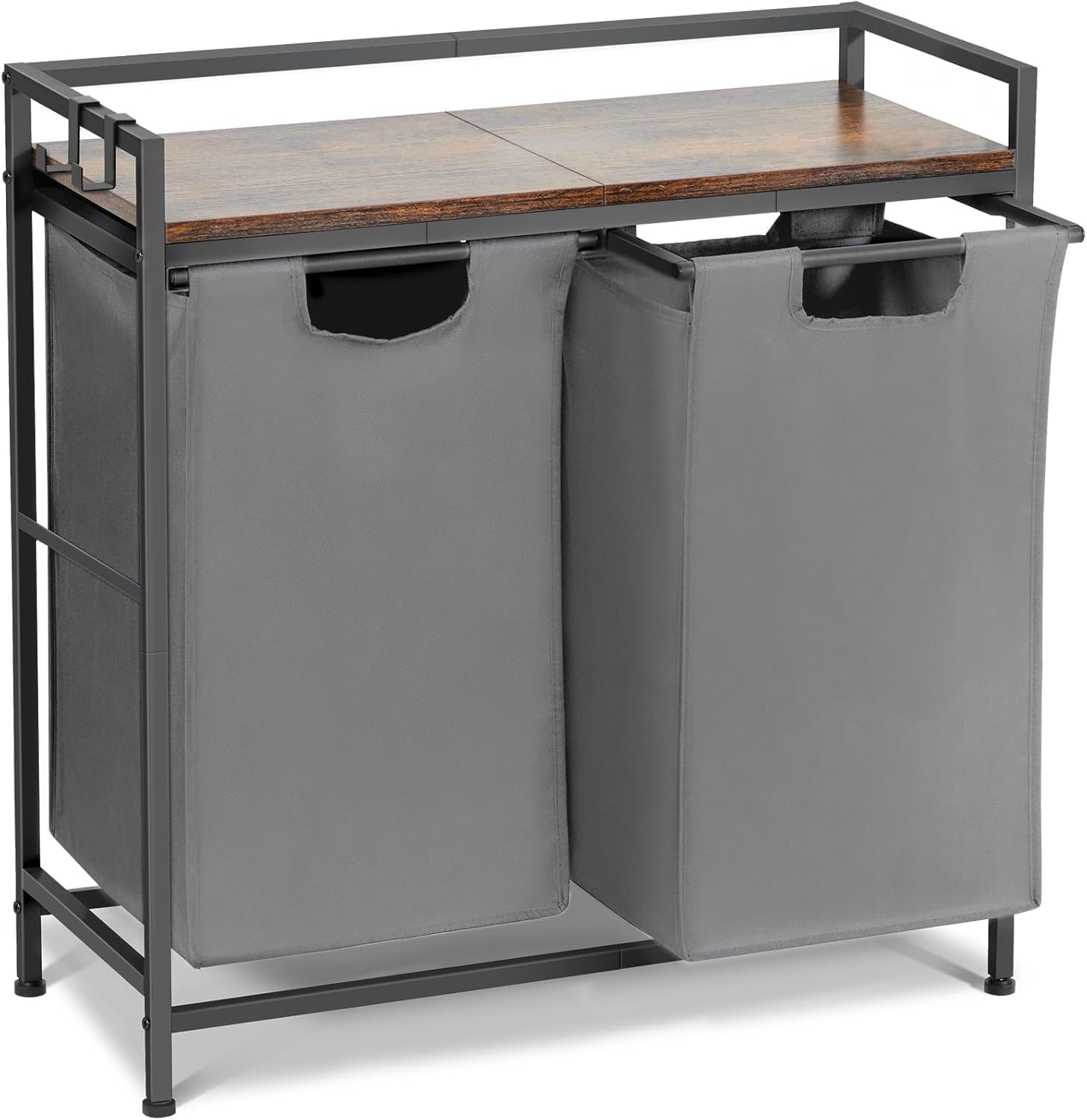 Doppio scomparto da 2x46 L – Cesto portabiancheria con sacchetti rimovibili in tessuto Oxford – Ripiano superiore in legno – Struttura metallica resistente – Soluzione pratica per bagno e camera da le