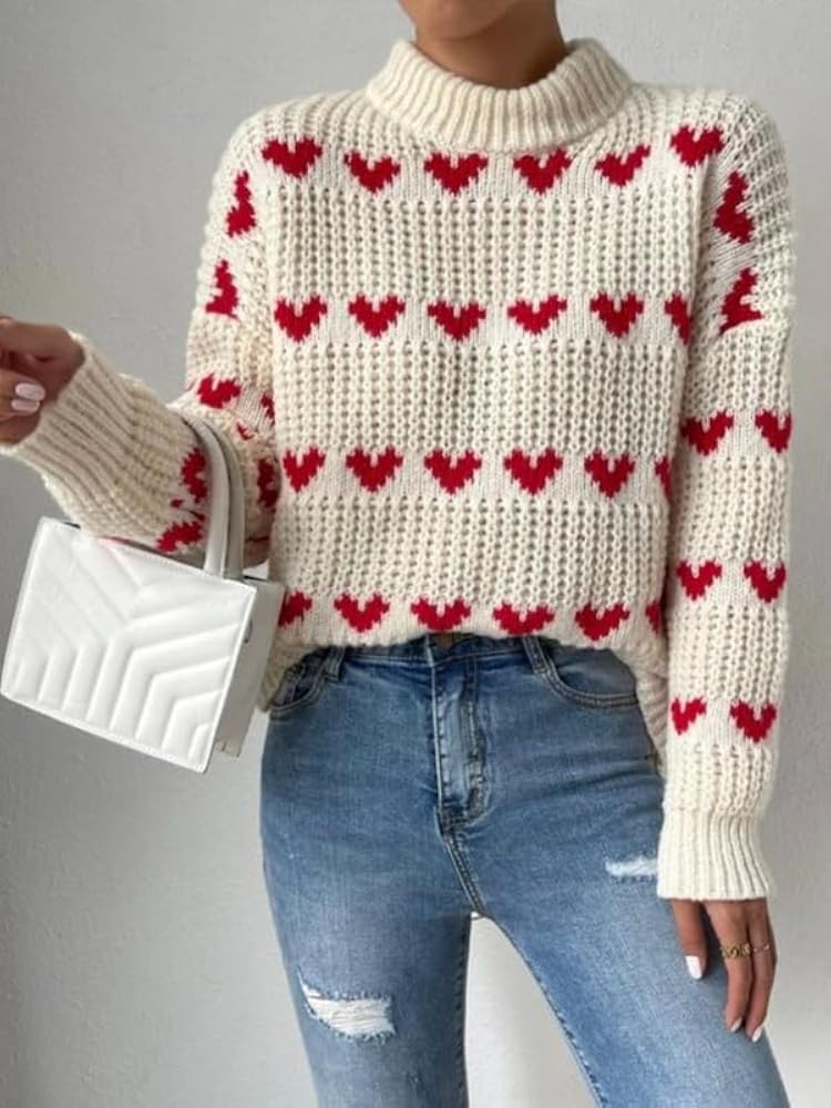BAIMORE Women's Casual Turtleneck Pink Hearts Crochet Long