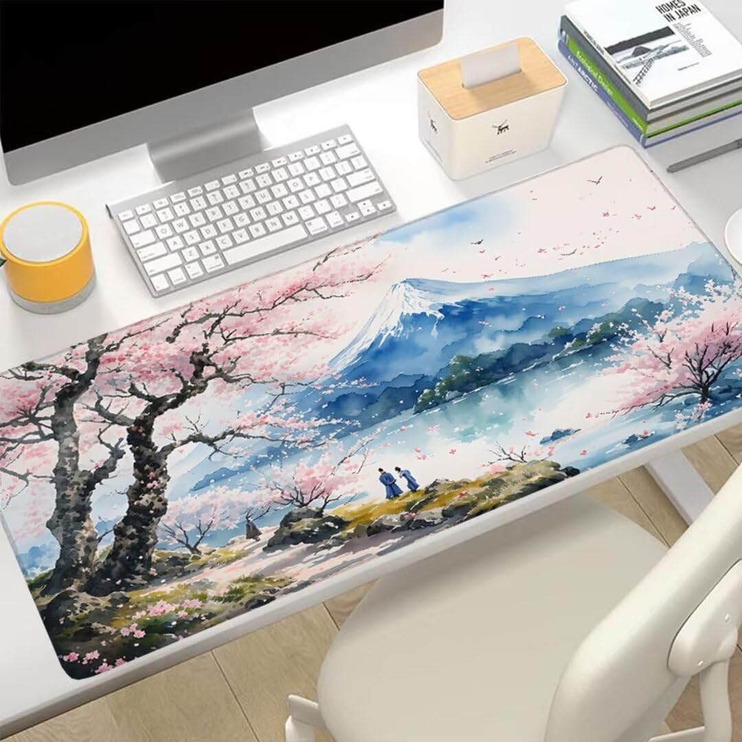 Podkładka pod mysz z kwiatami wiśni pod biurko, podkładka pod mysz XXL 1200 x 600 mm, podkładka pod mysz górską antypoślizgowa wodoodporna podkładka pod mysz, podkładka pod mysz z przeszytymi