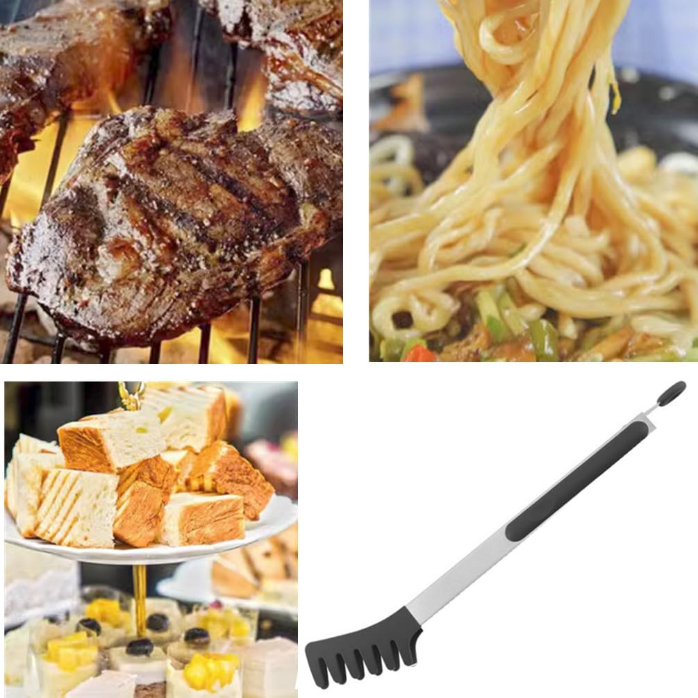 Pinzas grandes de acero inoxidable negro de 12 pulgadas con puntas de silicona, pinzas de espagueti, utensilios de servidor de pasta para fideos, cocina, hornear, barbacoa, herramientas de cocina