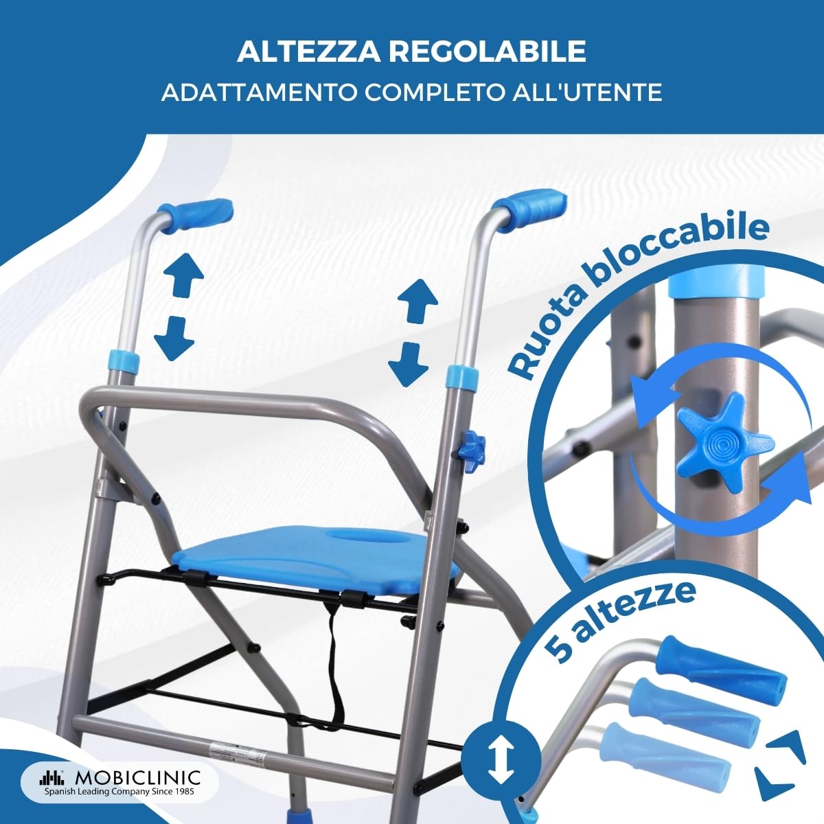 Mobiclinic®, Deambulatore pieghevole, Ultraleggero, Regolabile in altezza, Marchio europeo, Alluminio, Fino a 136 kg, Future, Adulti, Sedile, Schienale e ruote, Design elegante, Colore azzurro