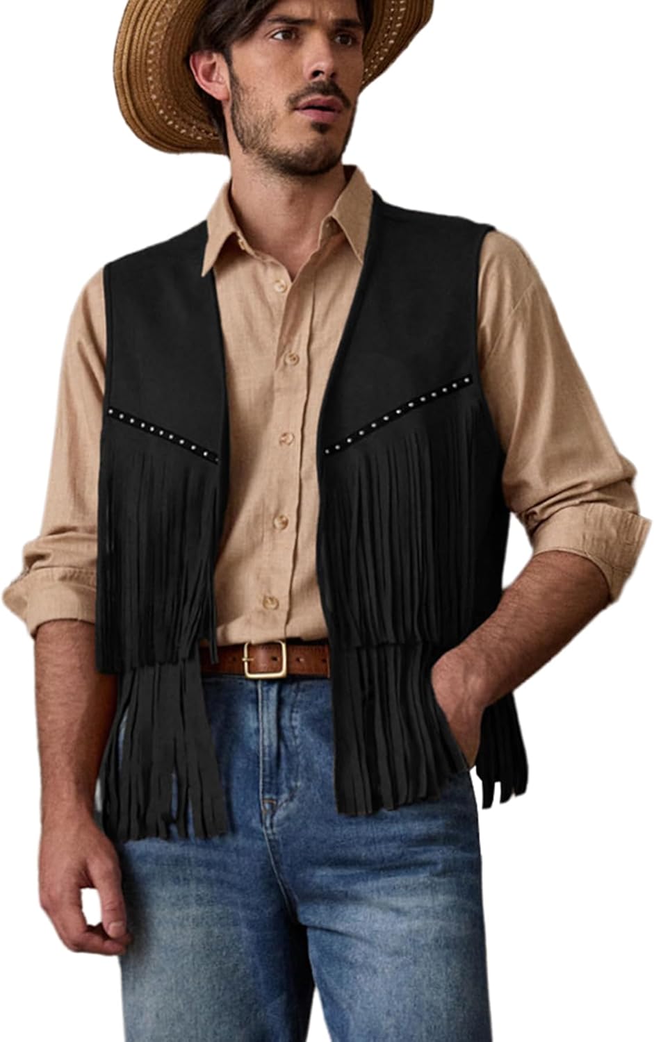 OYOANGLE Men's Casual Suede Top Shirt Boho Fringe Trim Open Front Sleeveless Vest Jacket Waistcoat