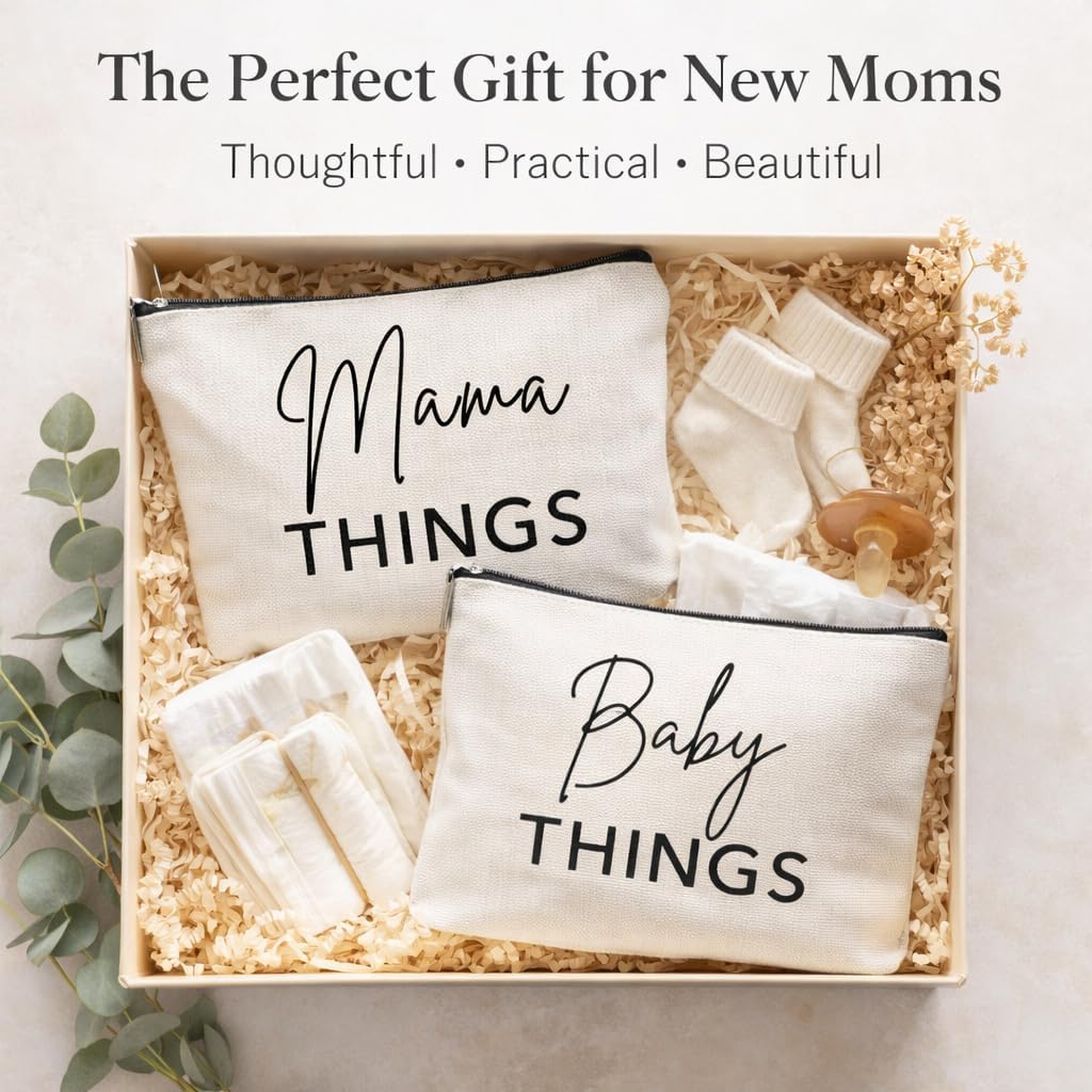 Mom & Baby Pouch Set, Diaper Bag Organizer Insert, Canvas Travel & Hospital Bag Essentials, Mommy Bag Organizer, Makeup & Toiletry Bags for New Moms, Gift for Baby Shower (Set of 2)