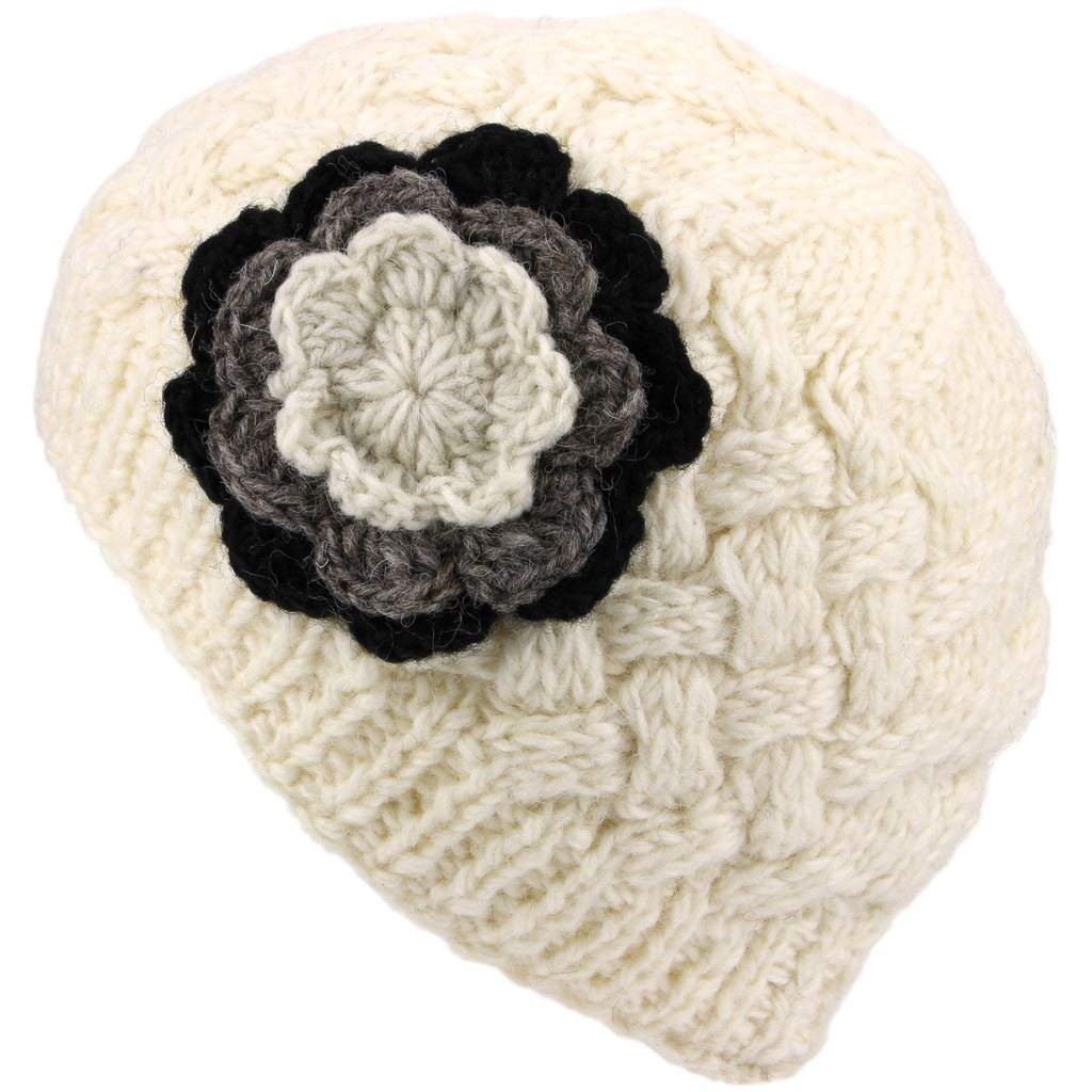 LOUDelephantLadies Wool Cable Knit Beanie Hat with Contrast Flower