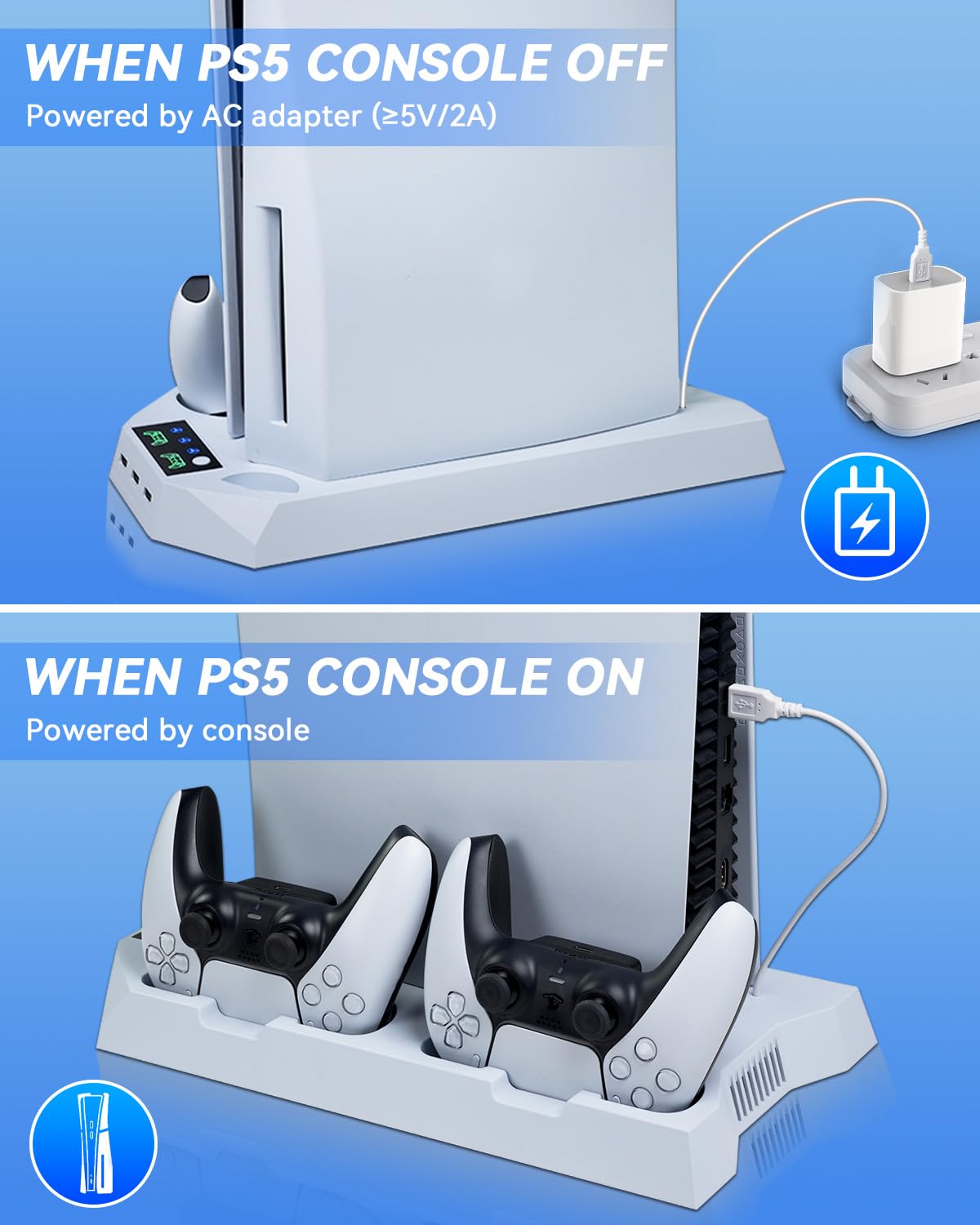Sehawei Supporto per PS5/PS5 pro con Ventola di Raffreddamento,Ricarica Controller PS5, PS5 Supporto Verticale con Indicatori LED per PS5 Slim Disc & Digital/PS5/PS5 pro Disc & Digital