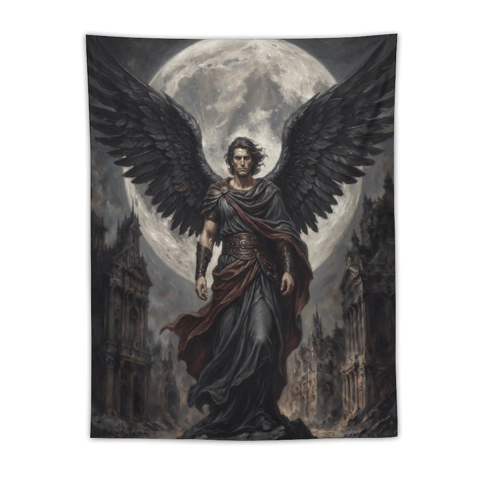 H3B8U2Y5 Dark Angel Lucifer Red Robe Moon Wall Tapestry, Moonlit Ruins