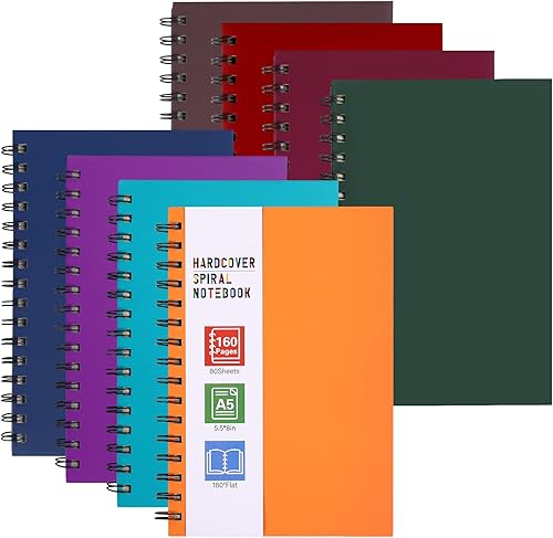 LABUK 8 cuadernos en espiral de tapa dura, diarios en espiral A5, 160 páginas, papel grueso con rayas universitarias para trabajo, escuela y